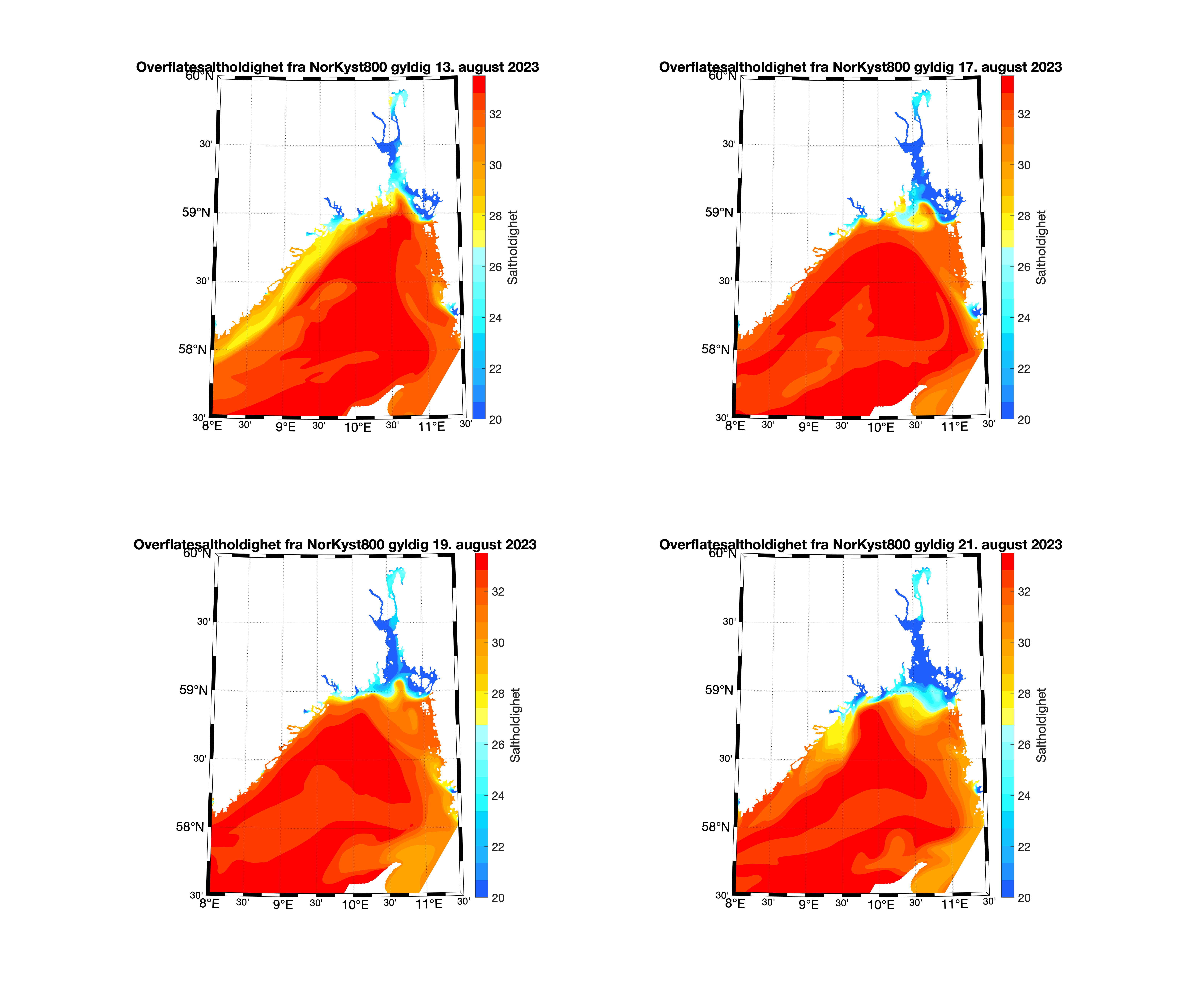 fire små kart over oslofjorden, med store felt i rødt og blått 