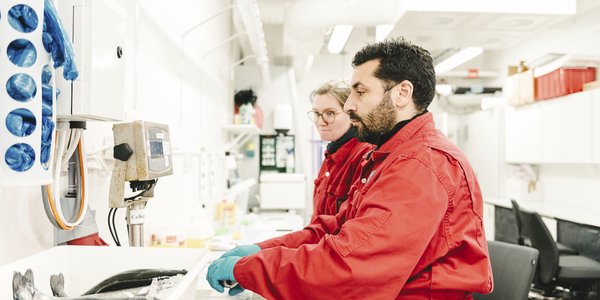 

To personer i rød kjeledress står ved siden av en arbeidsbenk, og tar prøver av død fisk