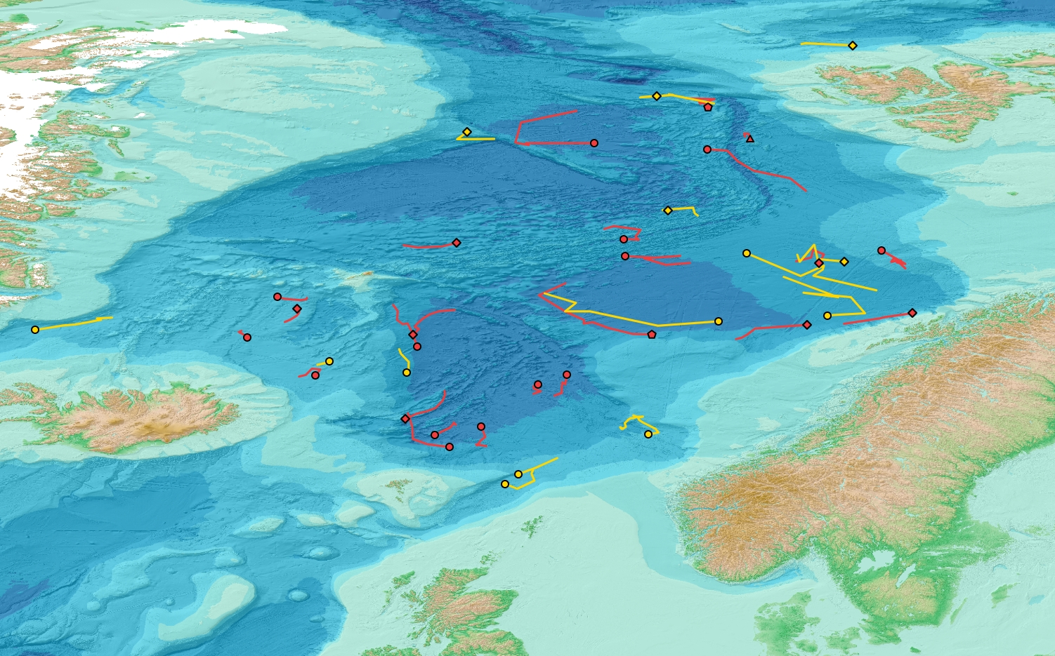 Illustrasjon som viser hvordan Argo-bøyer har beveget seg i norske havområder.
