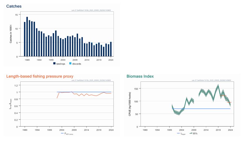 Figur som viser brosme i delområde 4 og 7–9, og i divisjon 3.a, 5.b, 6.a og 12.b. 