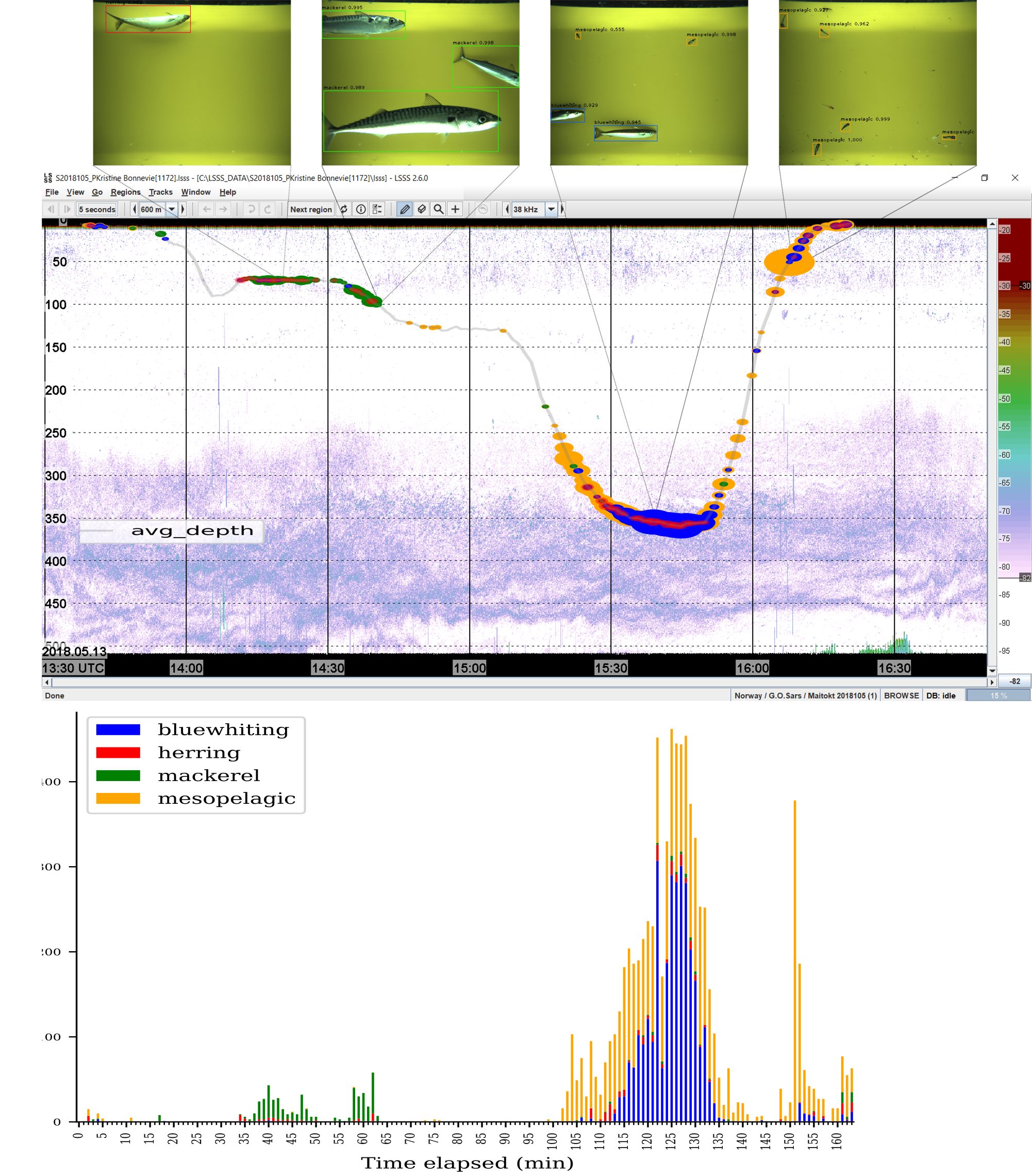 Figur med ekkogram og prediksjonar frå kunstig intelligens.