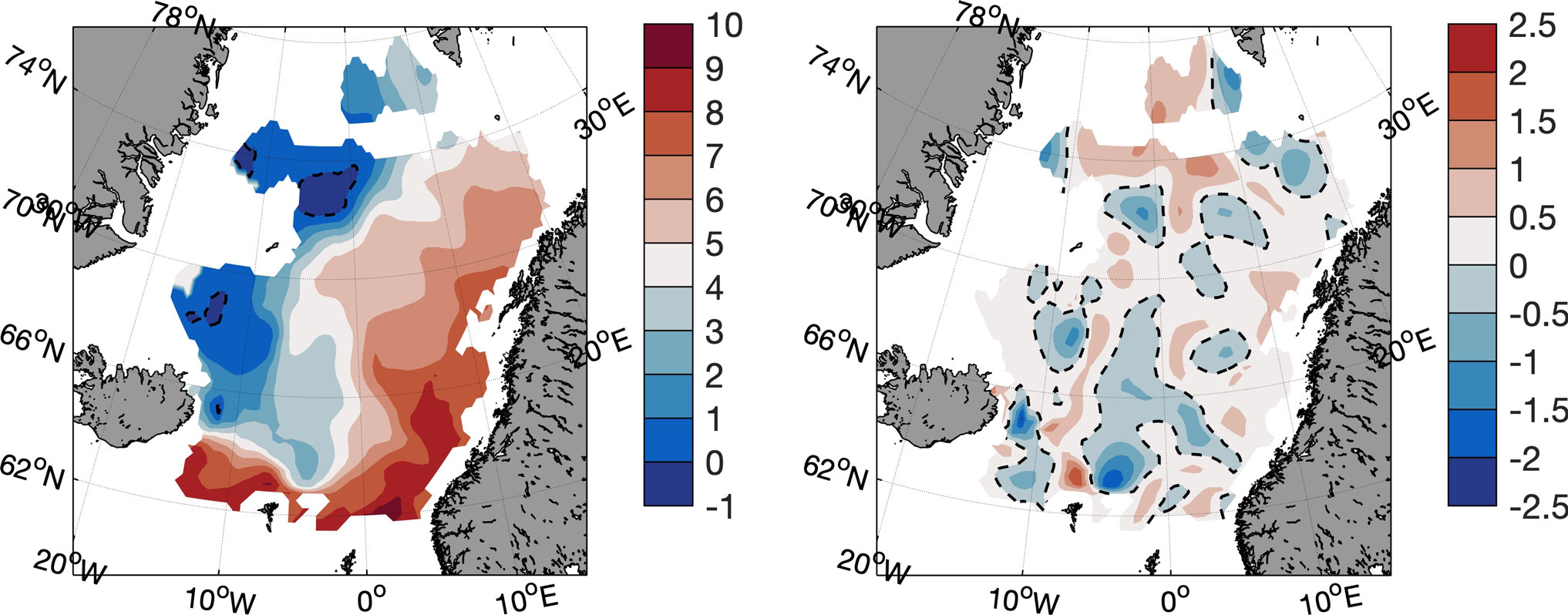 Figur 3. Temperatur (øvre figurer) og saltholdighet (nedre figurer) midlet over 0–200 m dyp mai 2024