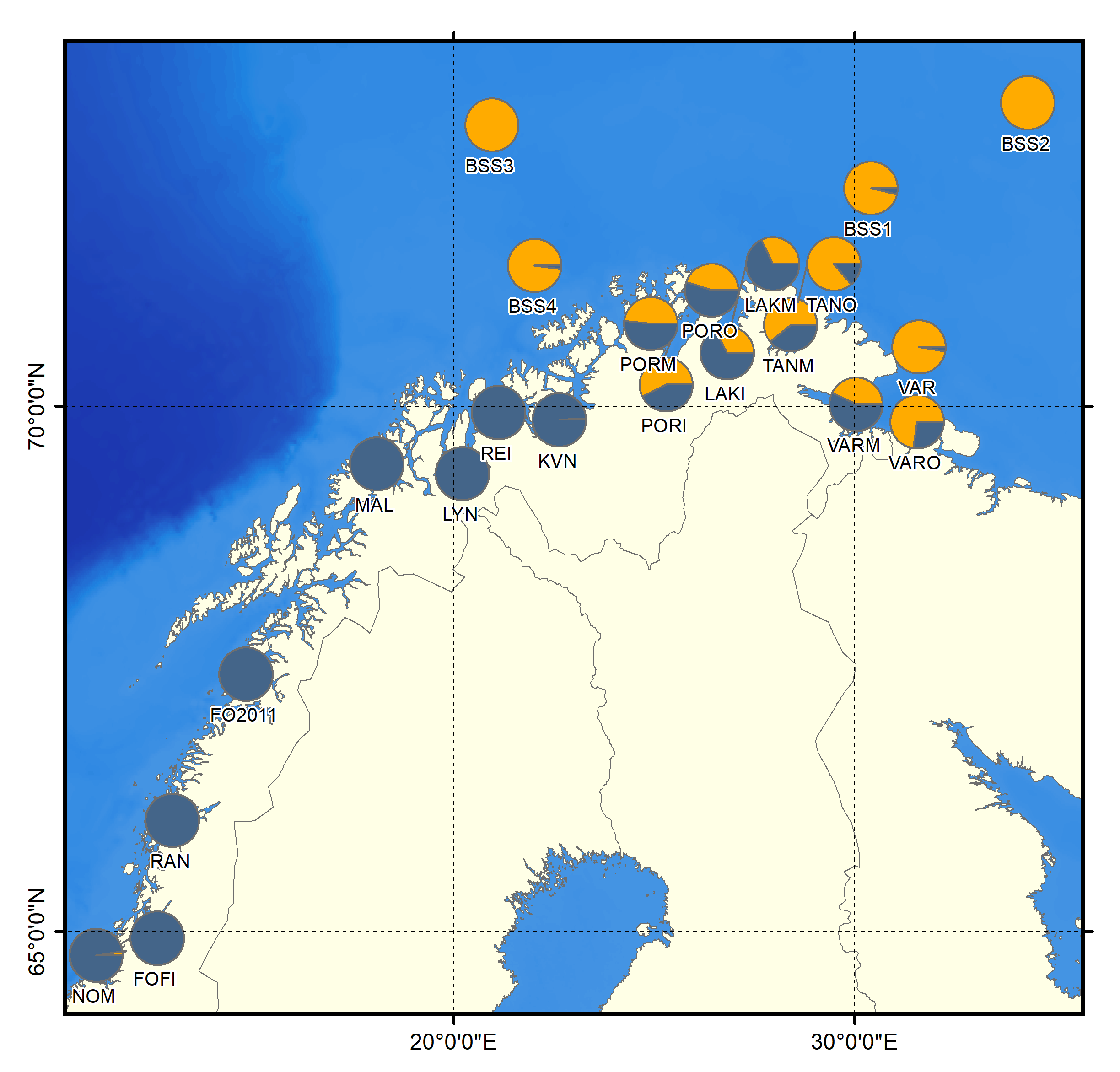 Kart som viser genetisk fordeling av dypvannsreke. 