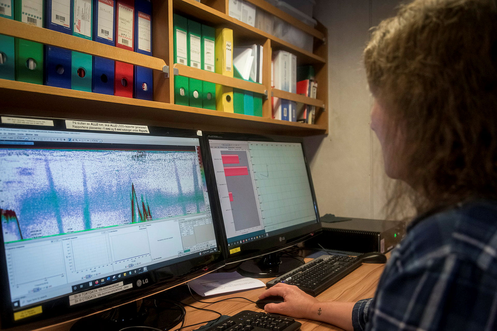 Vi ser to dataskjermer og bakhodet til en forsker som følger med på skjermene.