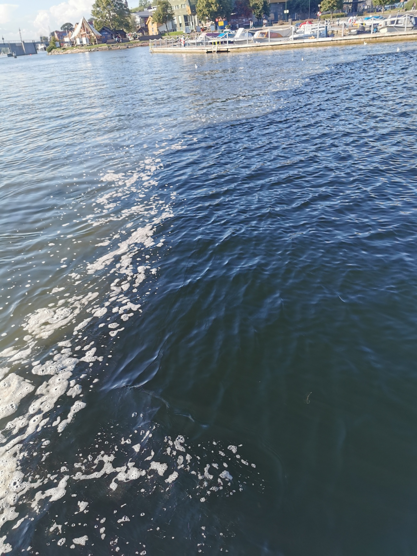 blått rent sjøvann og skittent gult vann med hvitt skum møtes 