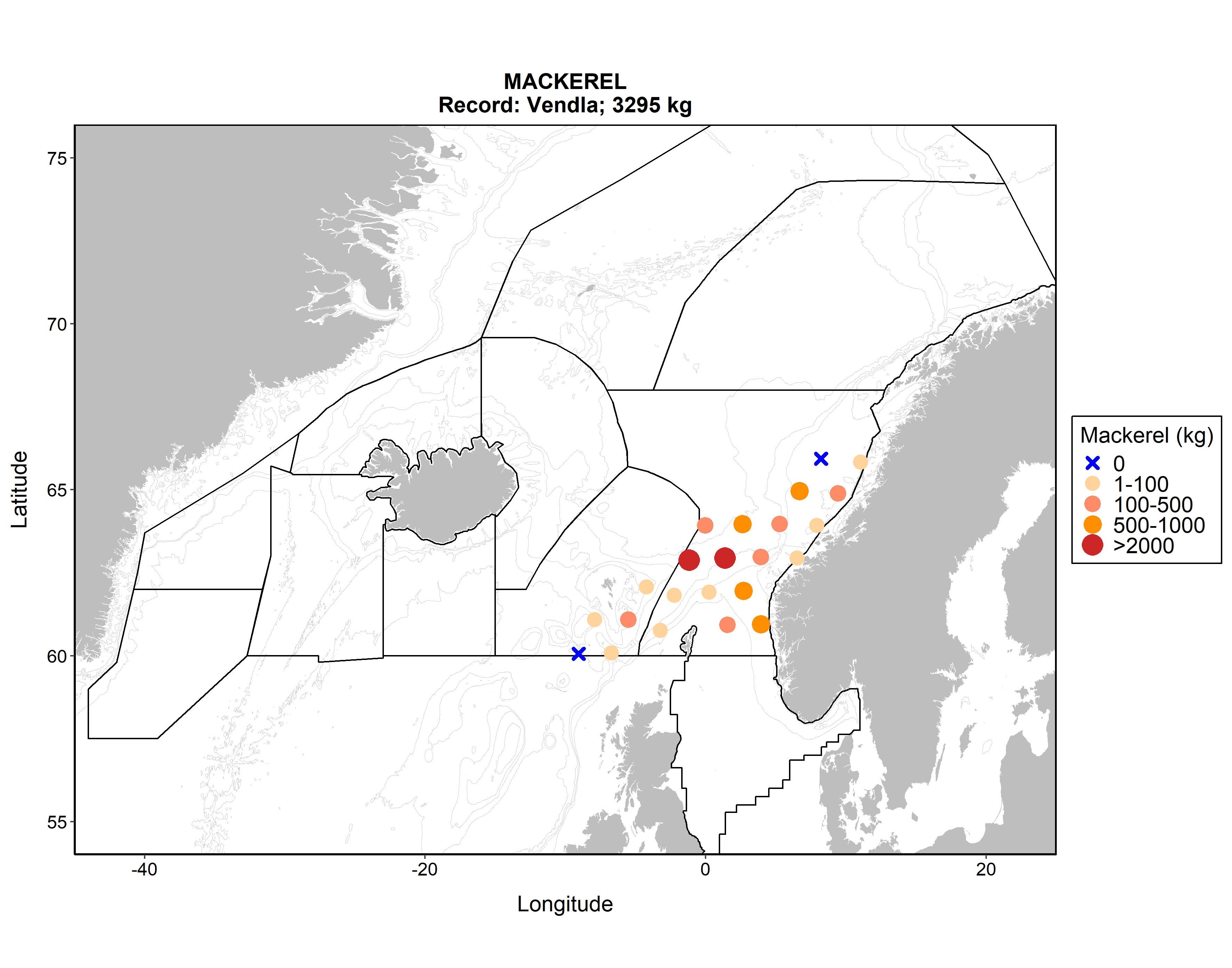 Kart over trålhal med fartøyet Vendla i første del av makrelltoktet