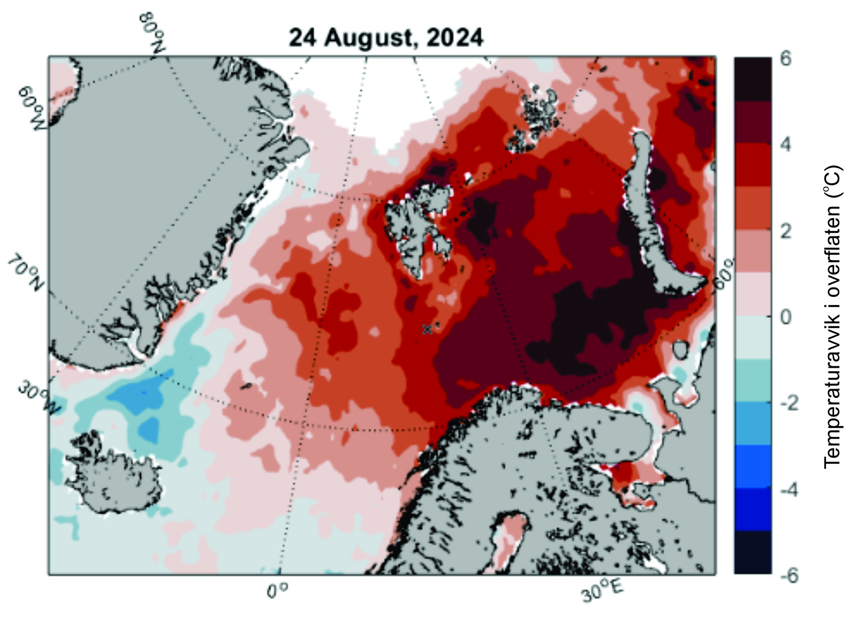 Figur 2. Figuren viser temperaturavvik i overflatetemperatur 24.8.24