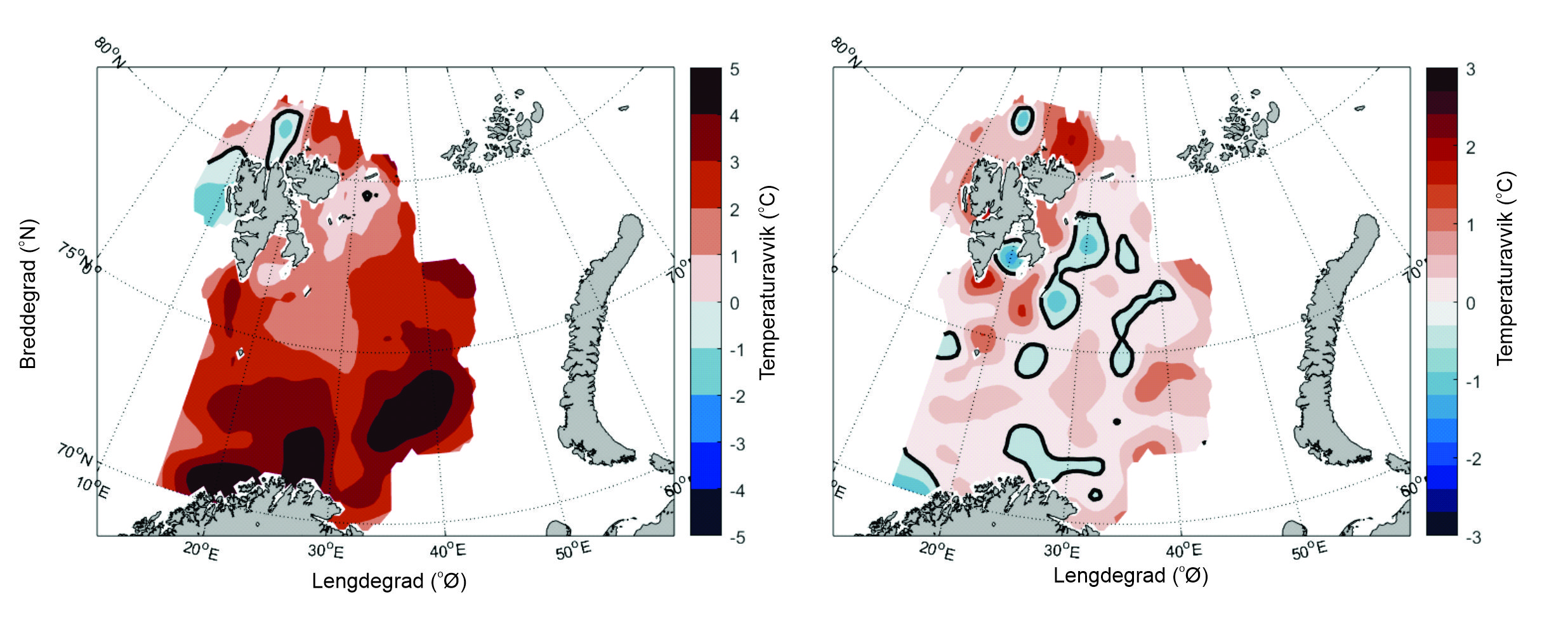 Figuren viser temperaturavvik i overflaten og i 50–200 m dyp