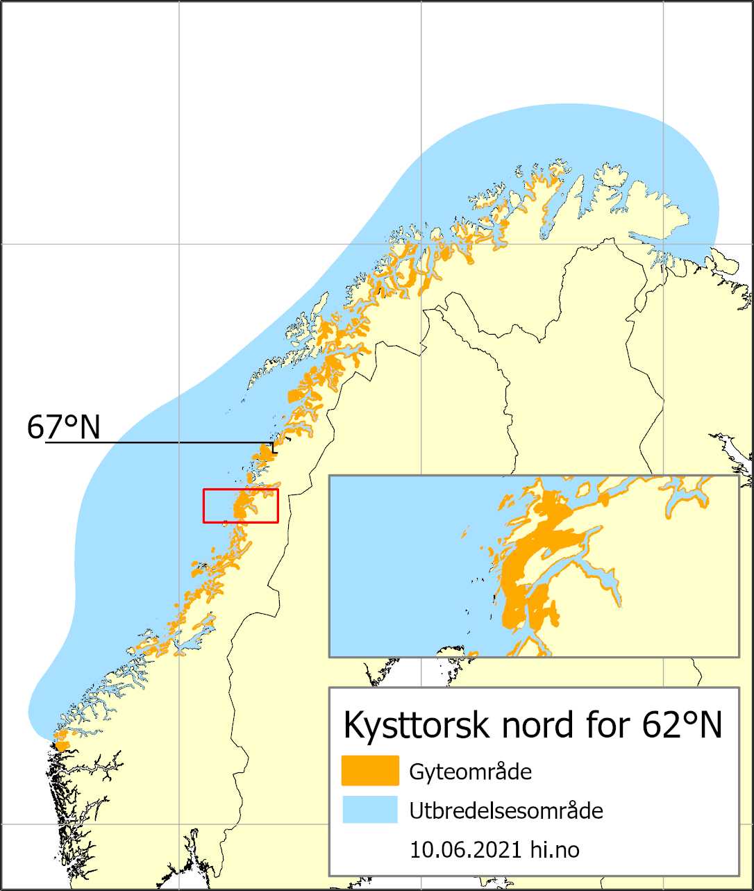Kysttorsk nord for 62 grader - gyte- og utbredelsesområde med ny grense ved 67 grader