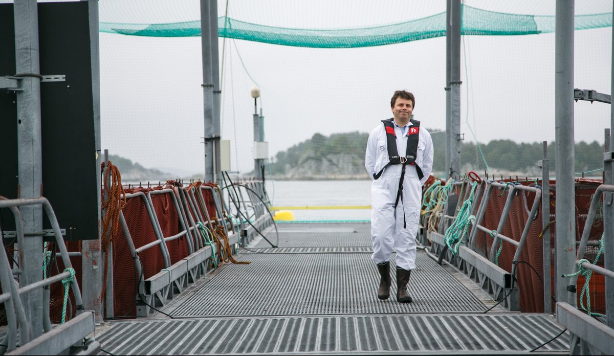 
Mann i hvit kjeledress på grått oppdrettsanlegg med turkis nett over seg og sjø og holme i bakgrunnen.