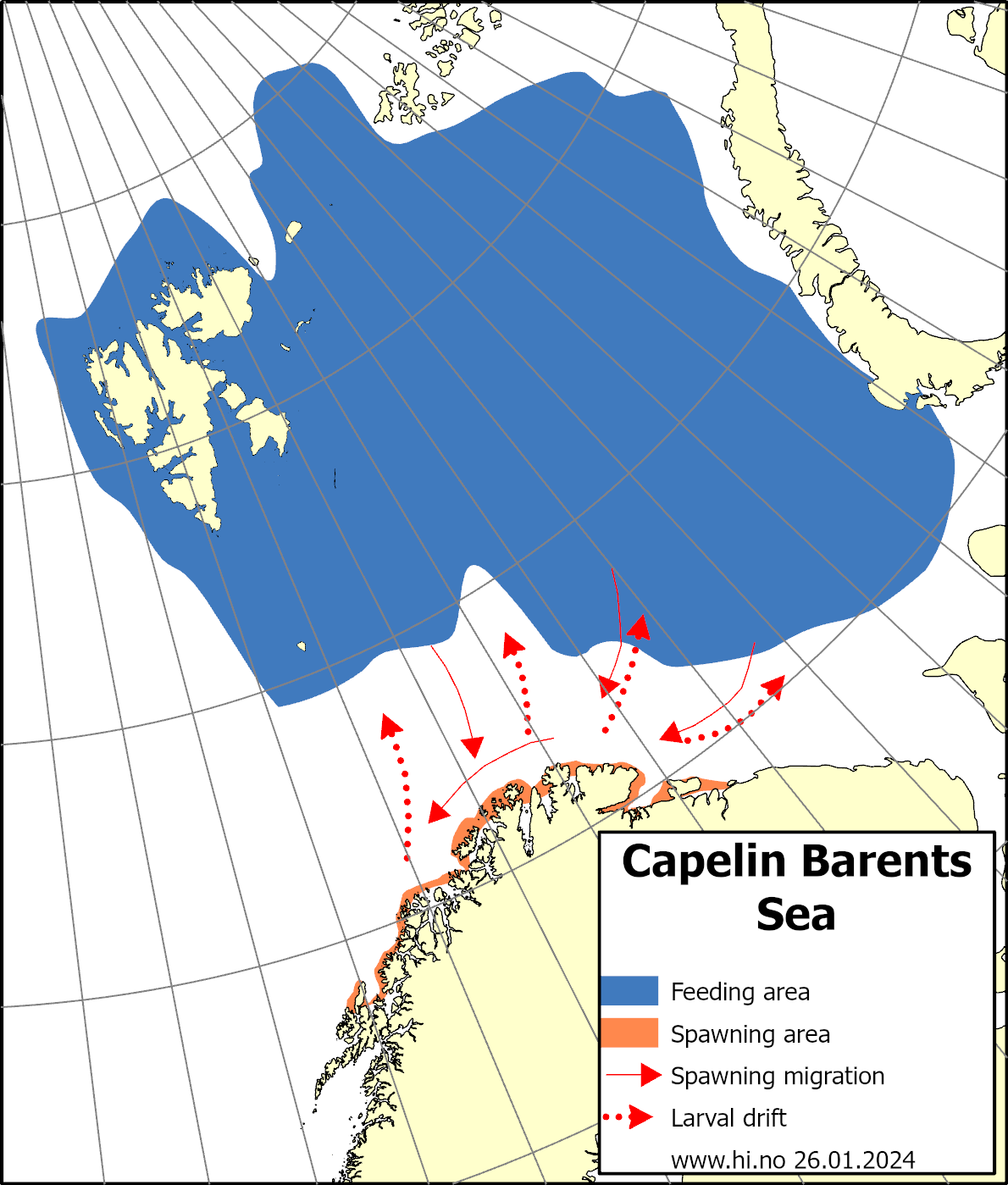 Map showing distribution of capelin in the Barents Sea