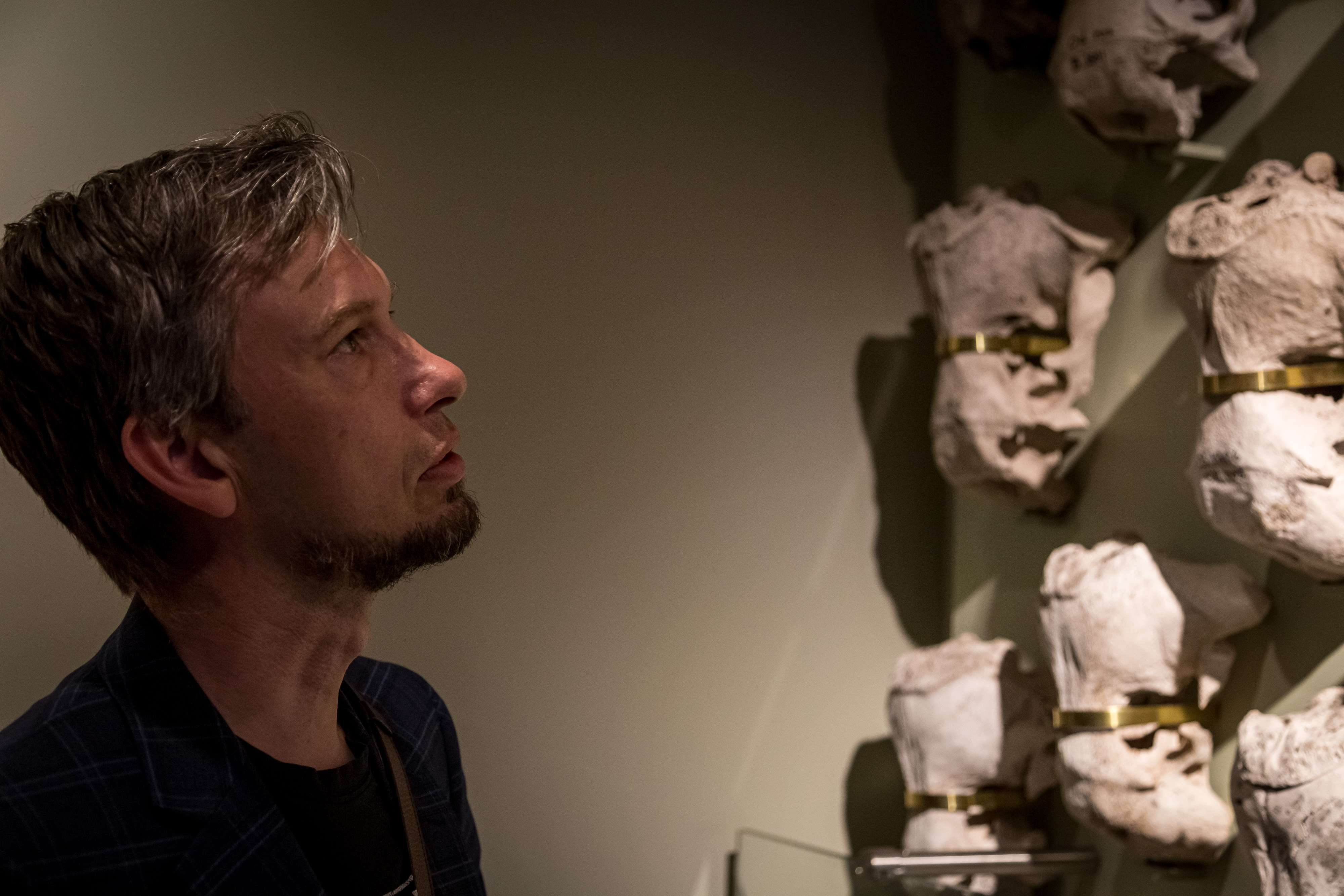 mann ser på skaller på vegg