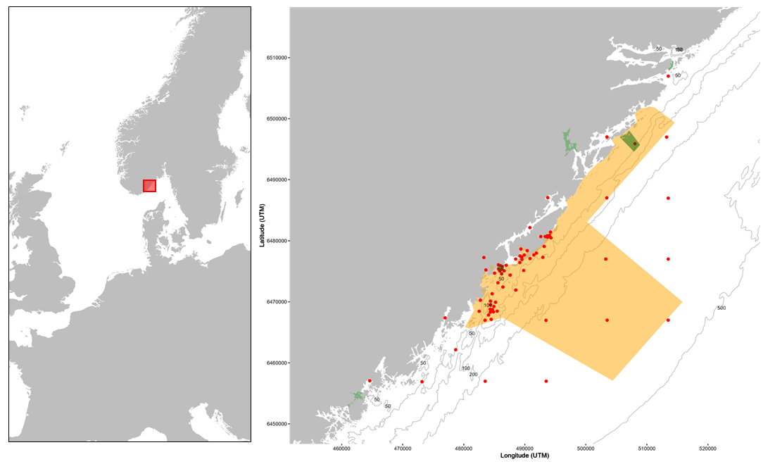 kart over del av Norge med røde prikker i havet utenfor Arendal