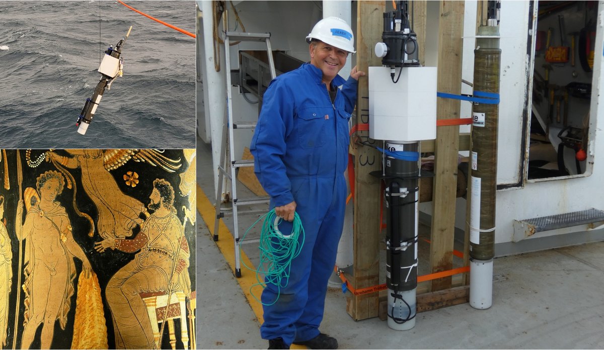 
Montasje med vasemotiv fra gresk mytologi, bilde av en forskningsbøye på vei ut i vannet og en havforsker på dekk.