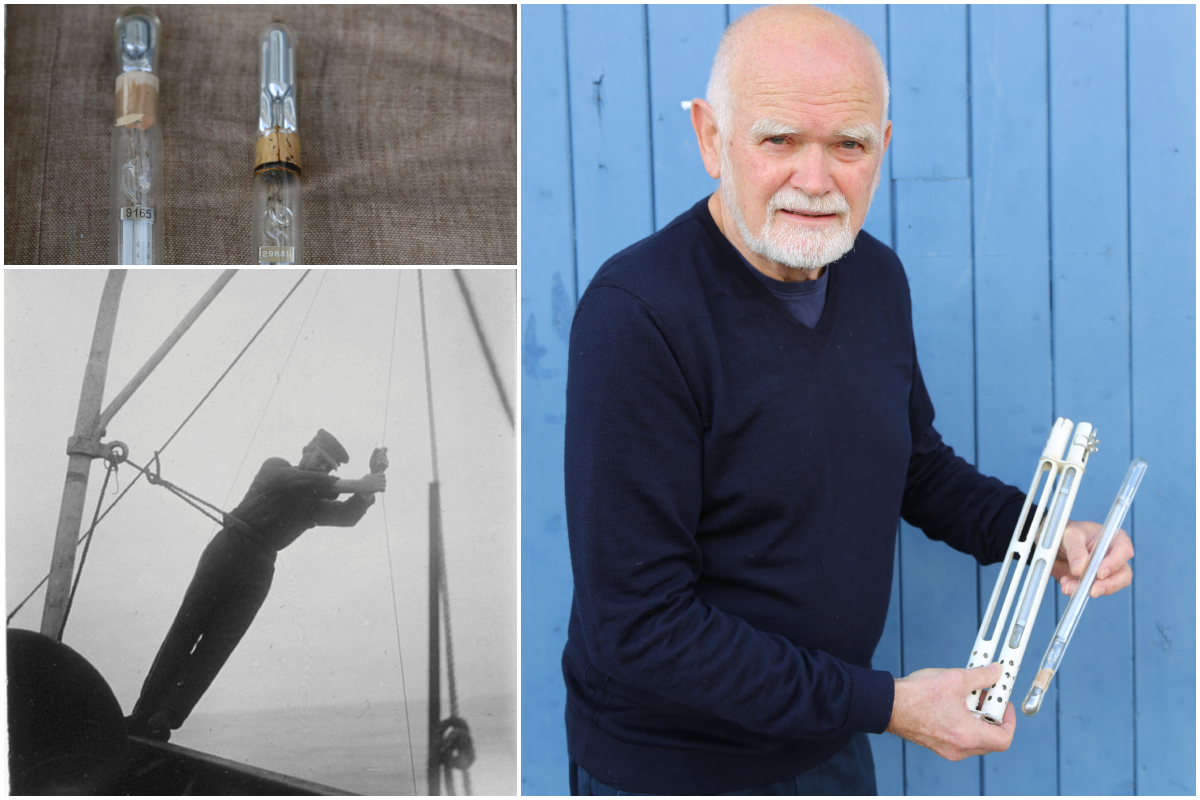 
Montasje med svart-hvitt bilde av en havforsker som slipper ut en vannhenter, detaljer fra Negretti og Zambras vendetermometer og et bilde av havforsker Svein Sundby som viser frem termometeret.