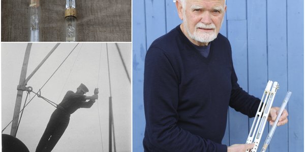 

Montasje med svart-hvitt bilde av en havforsker som slipper ut en vannhenter, detaljer fra Negretti og Zambras vendetermometer og et bilde av havforsker Svein Sundby som viser frem termometeret.