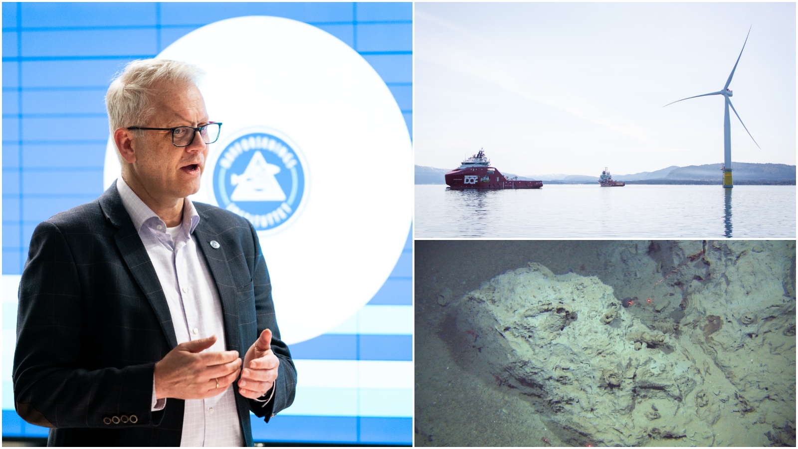 tre bilder, ett av mann i dress, ett av skip og turbin, ett av havbunn