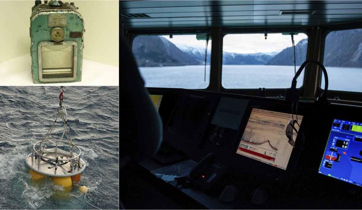 
Montasje med et bilde av et gammelt ekkolodd, moderne forskningsinstrumenter som senkes i havet og bilde av ekkoloddskjerm fra broen på et skip.