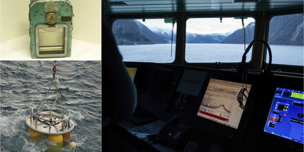 

Montasje med et bilde av et gammelt ekkolodd, moderne forskningsinstrumenter som senkes i havet og bilde av ekkoloddskjerm fra broen på et skip.