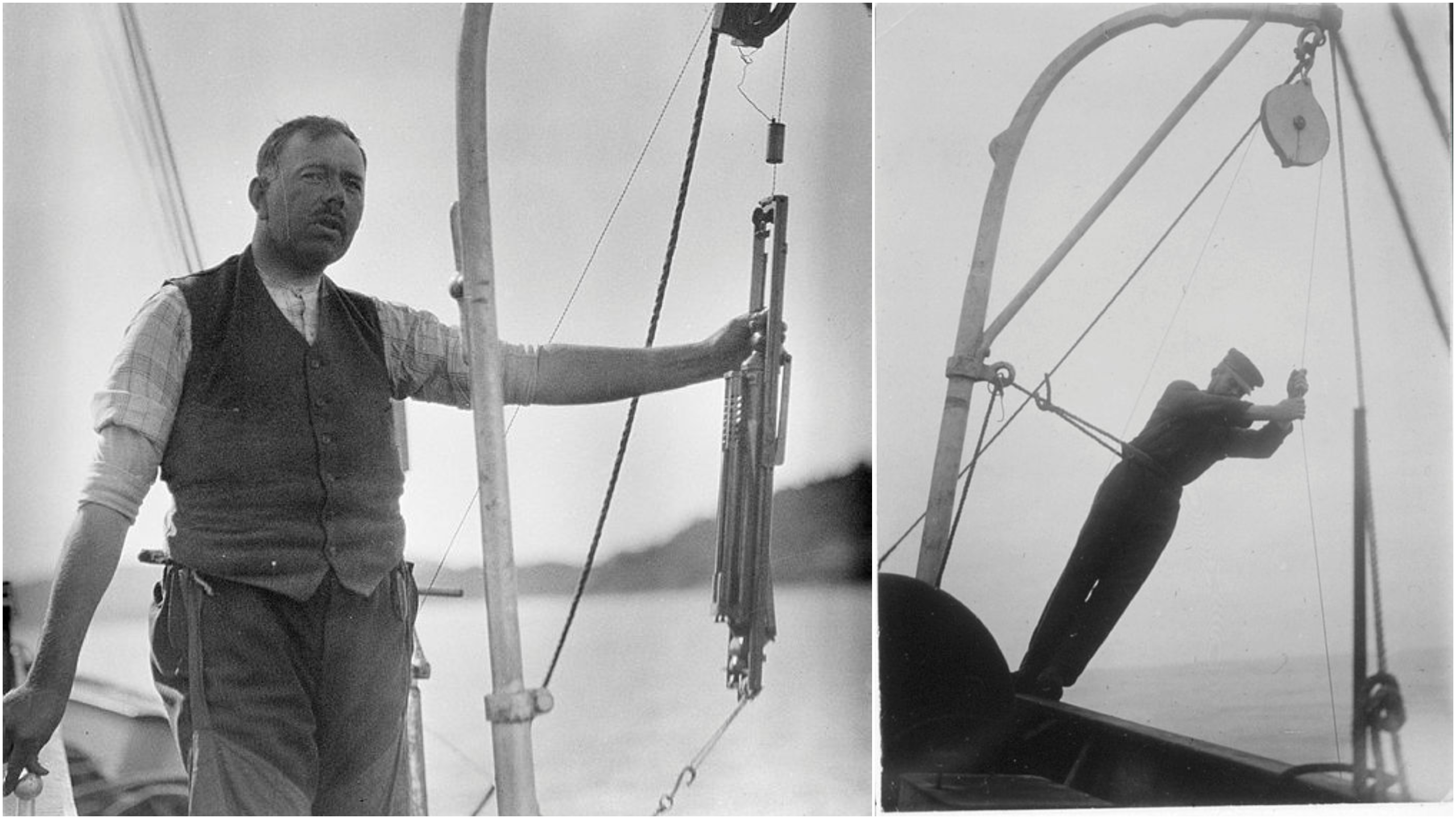 To svarthvittbilder. Et der en havforsker lener seg over rekka for å sette ut en vannhenter, et nærbilde av en som holder en vannhenter.