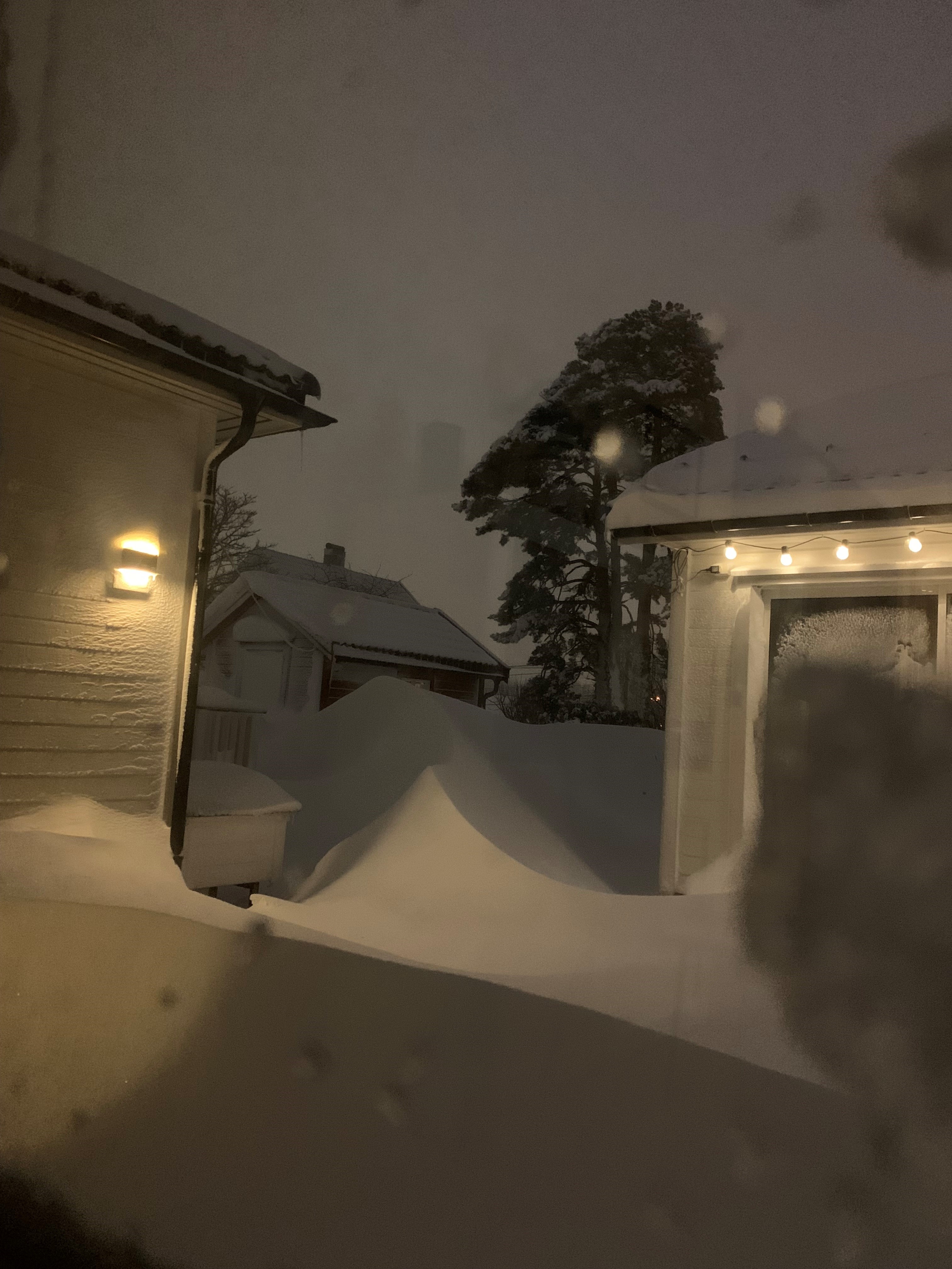 hage med store haugar med snø 