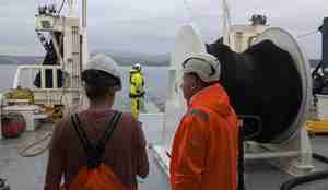 foto av personer som står på dekk og skuer akter mot en trålpose