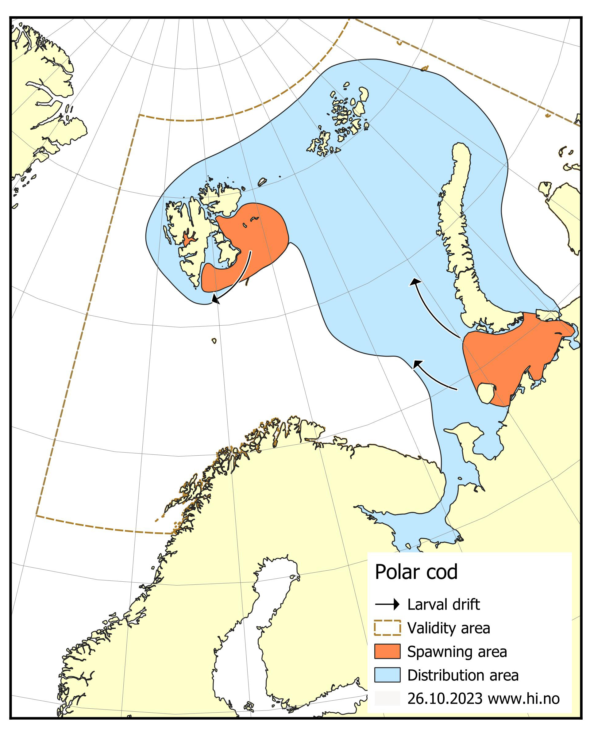map showing the distribution area of Polar cod in the Barents Sea