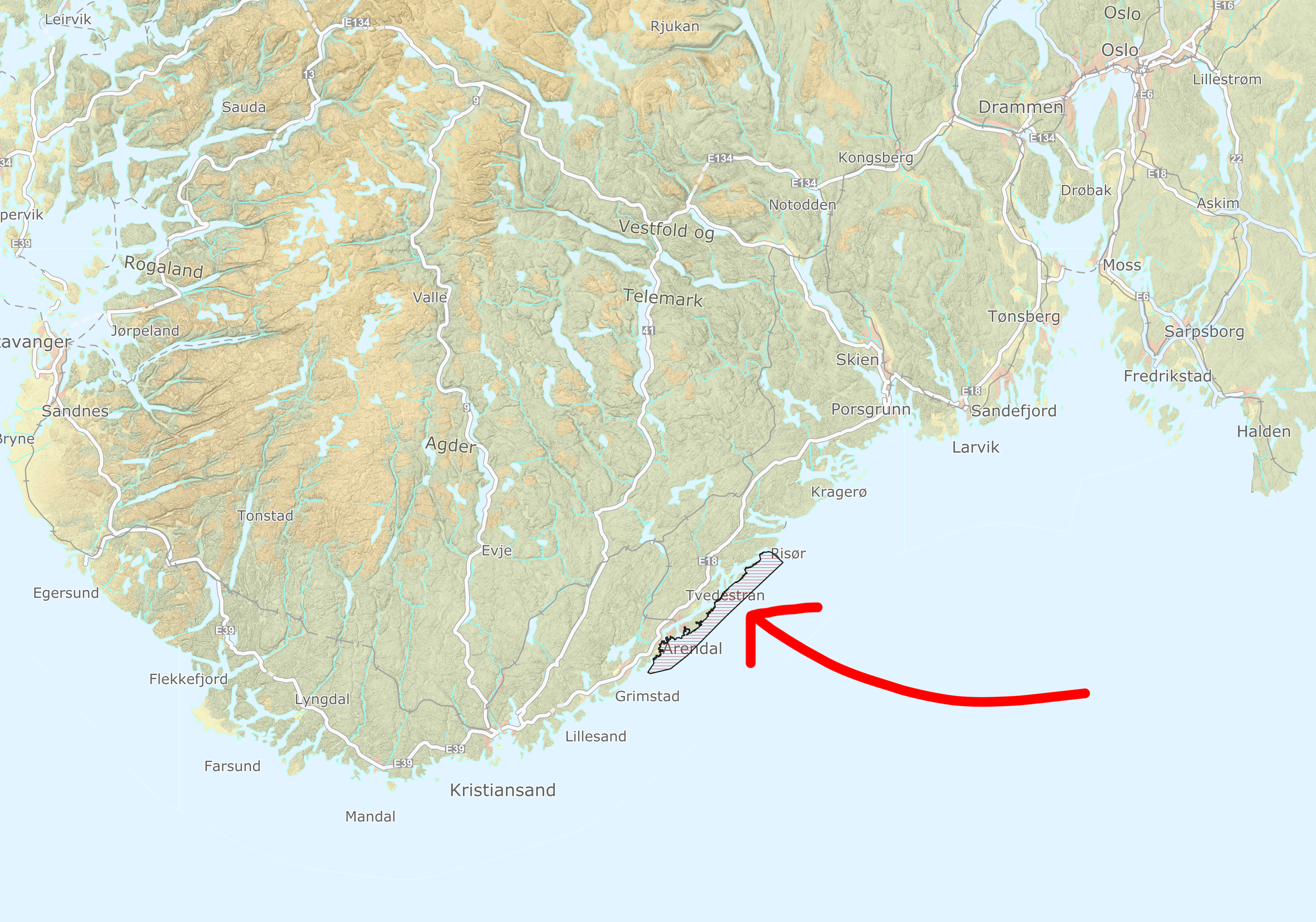 Utsnitt som viser området av Raet nasjonalpark i Agder, hvor 10 000 tapte fiskeredskaper er anslått 