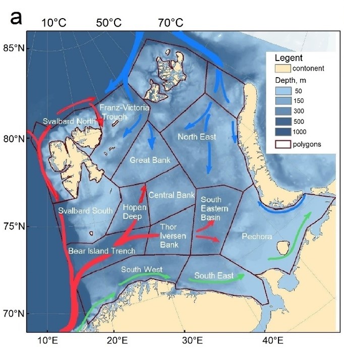 Oversikt over regioner og havstrømmmer i Barentshavet