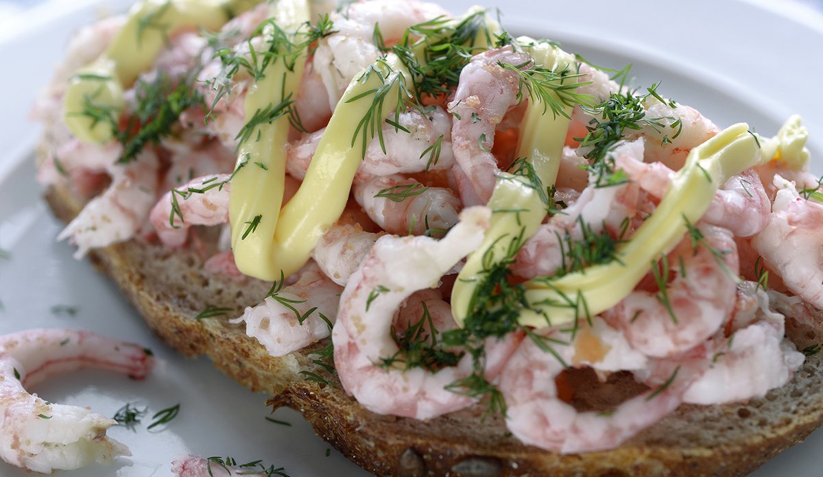 
Pent dandert ekesmørbrød med dill og majones på toppen