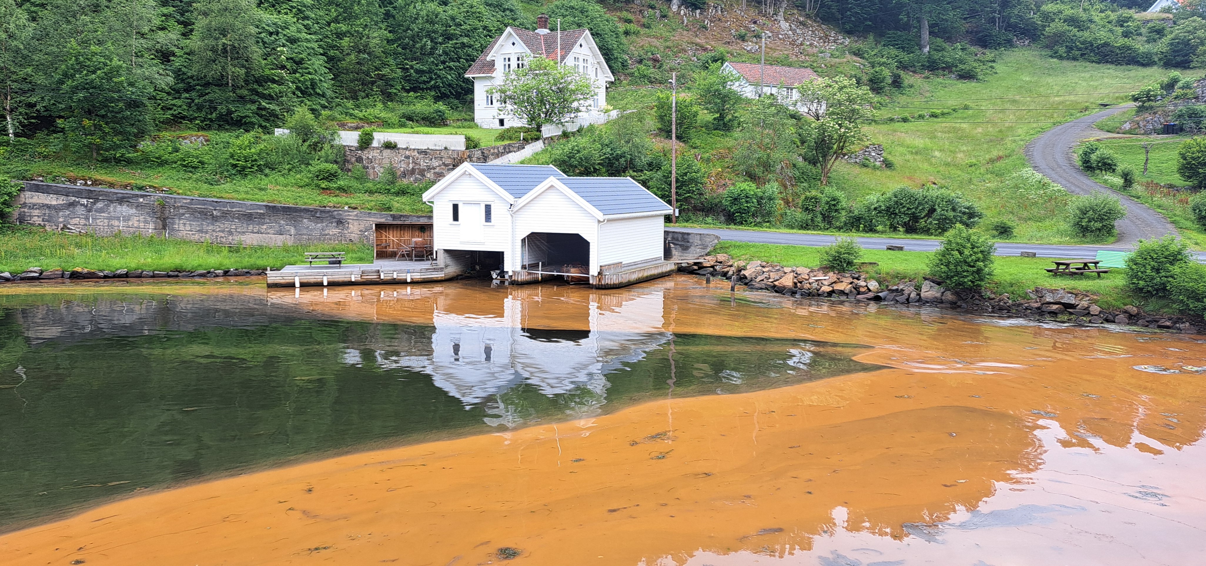 en våg med hvit naust og skittenbrunt sjøvann