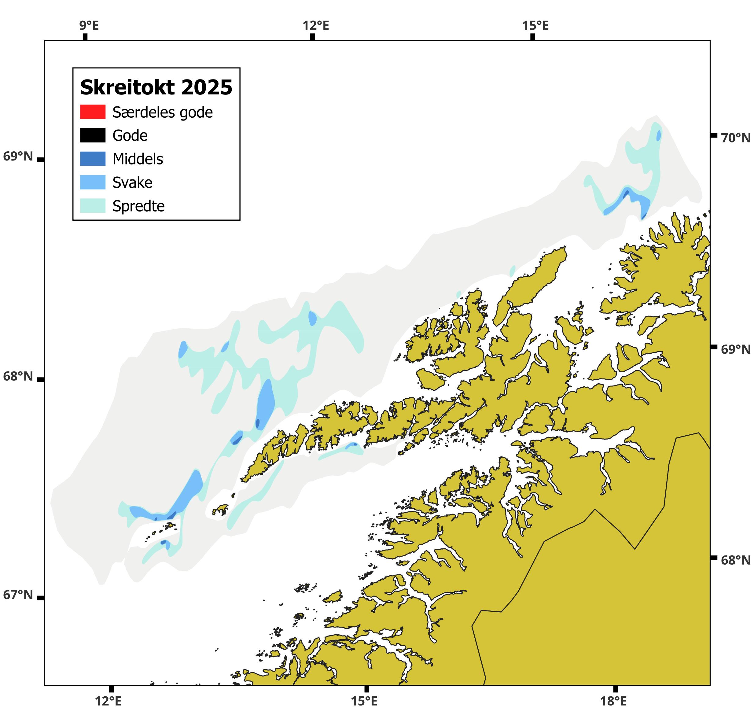 Et kart som viser at forskerne ikke fann så mye skrei i år.