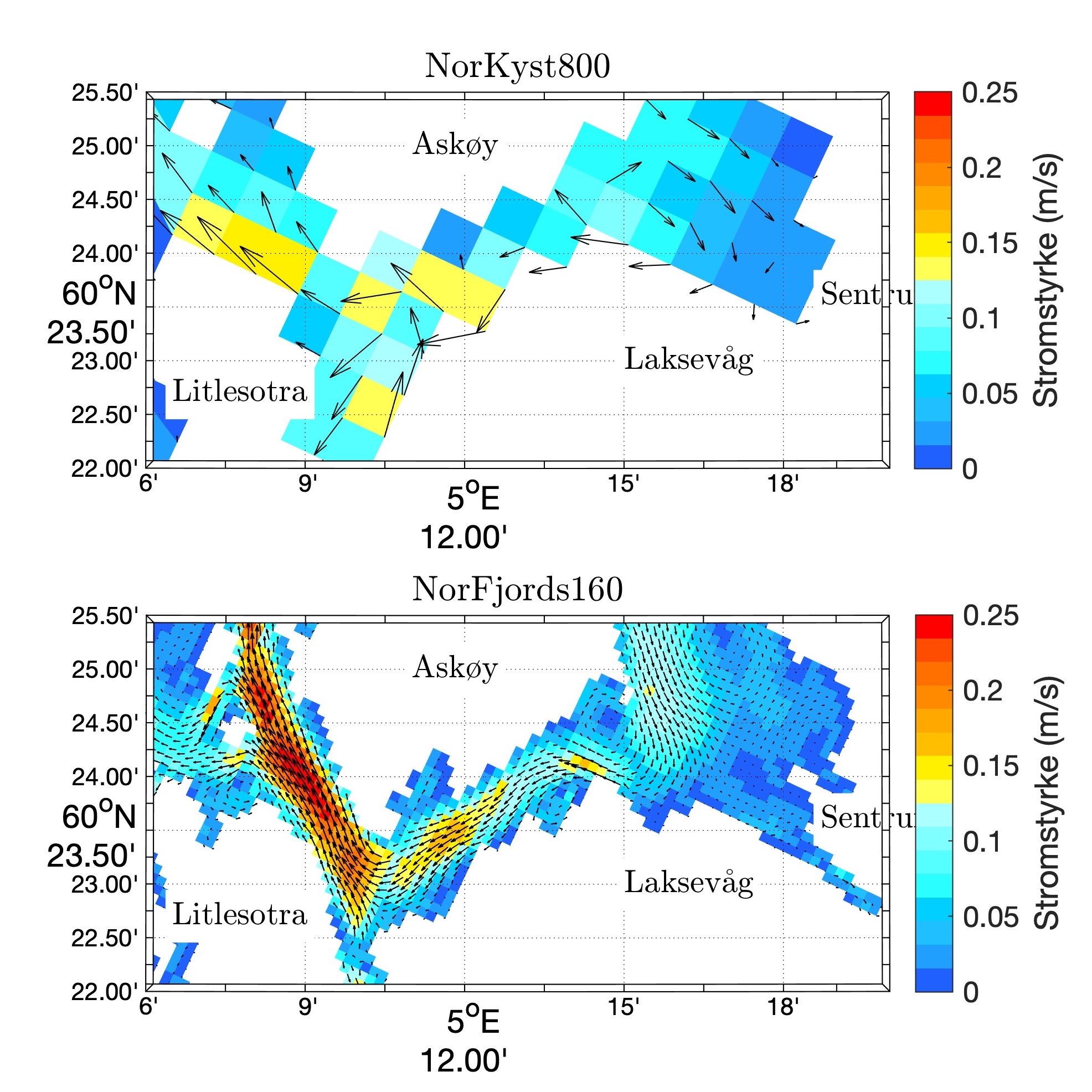 Kart som viser to strømmodeller over Byfjorden ved Bergen i forskjellig oppløsning.