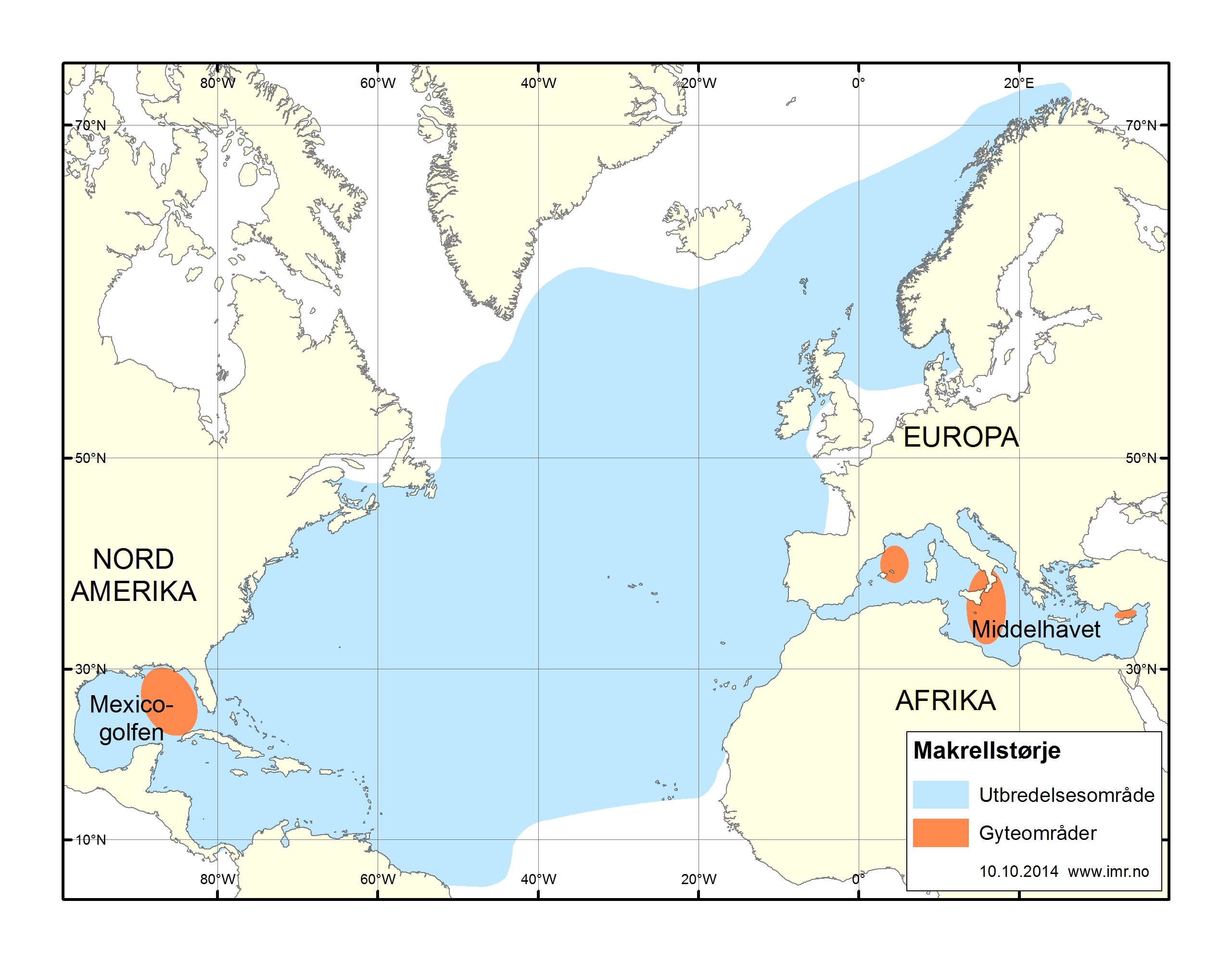 Kart over gyteområdene til makrellstørja