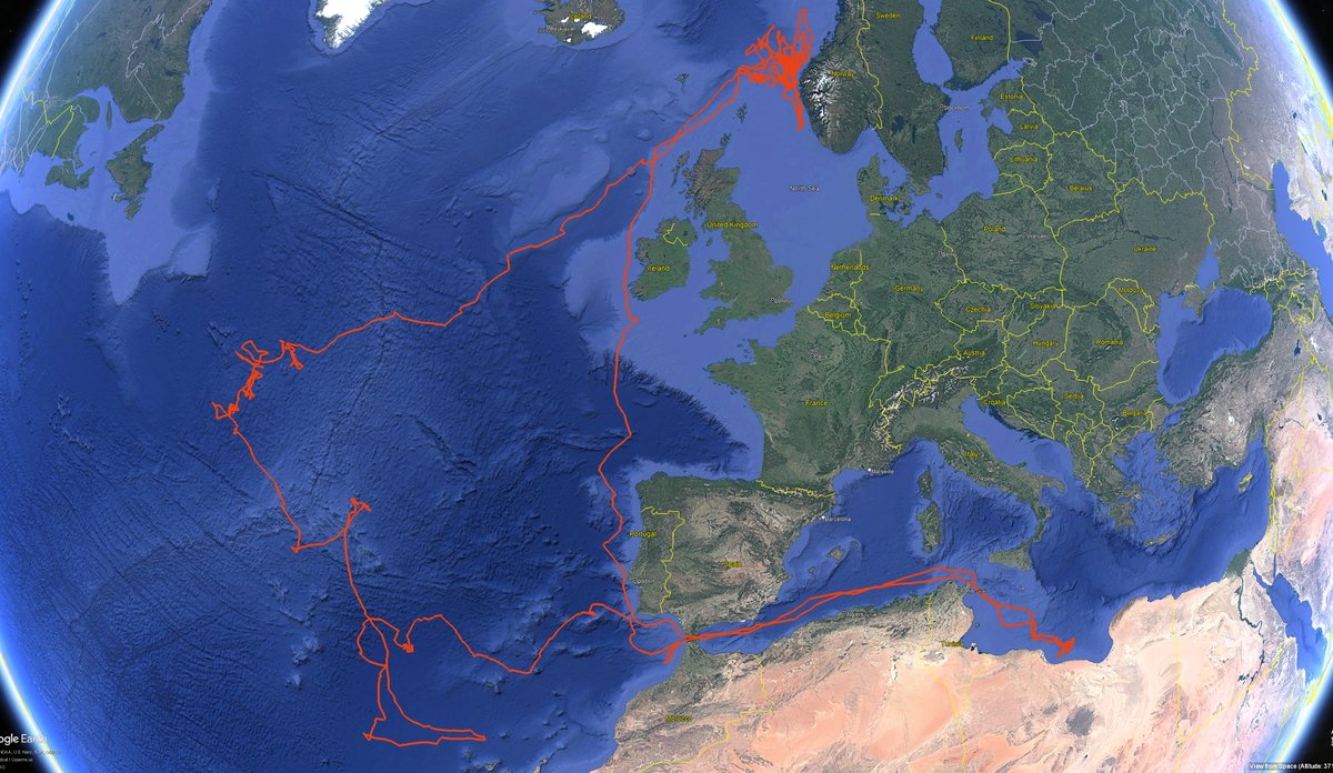kart med strek på som går over hele atlanterhavet