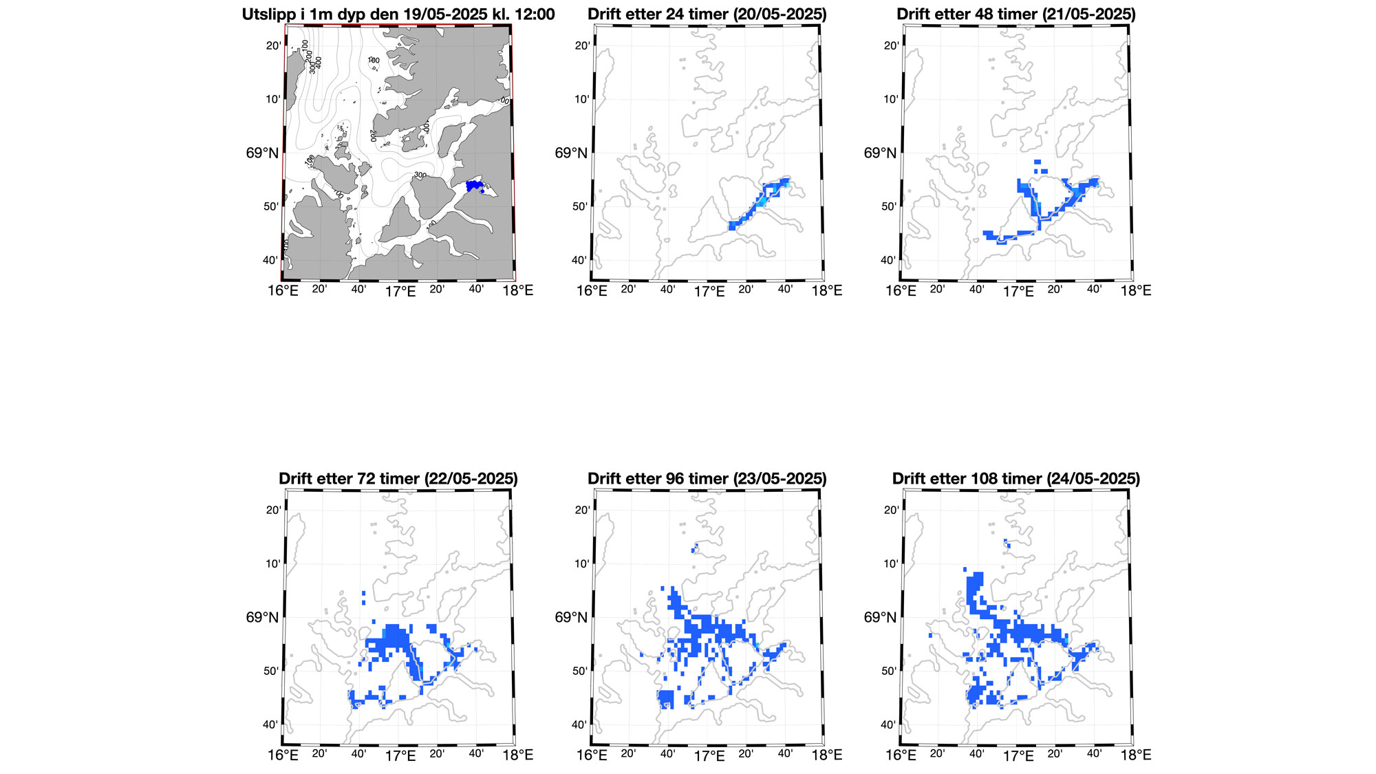 Bilder som viser hvordan algene sprer seg utover dag for dag.