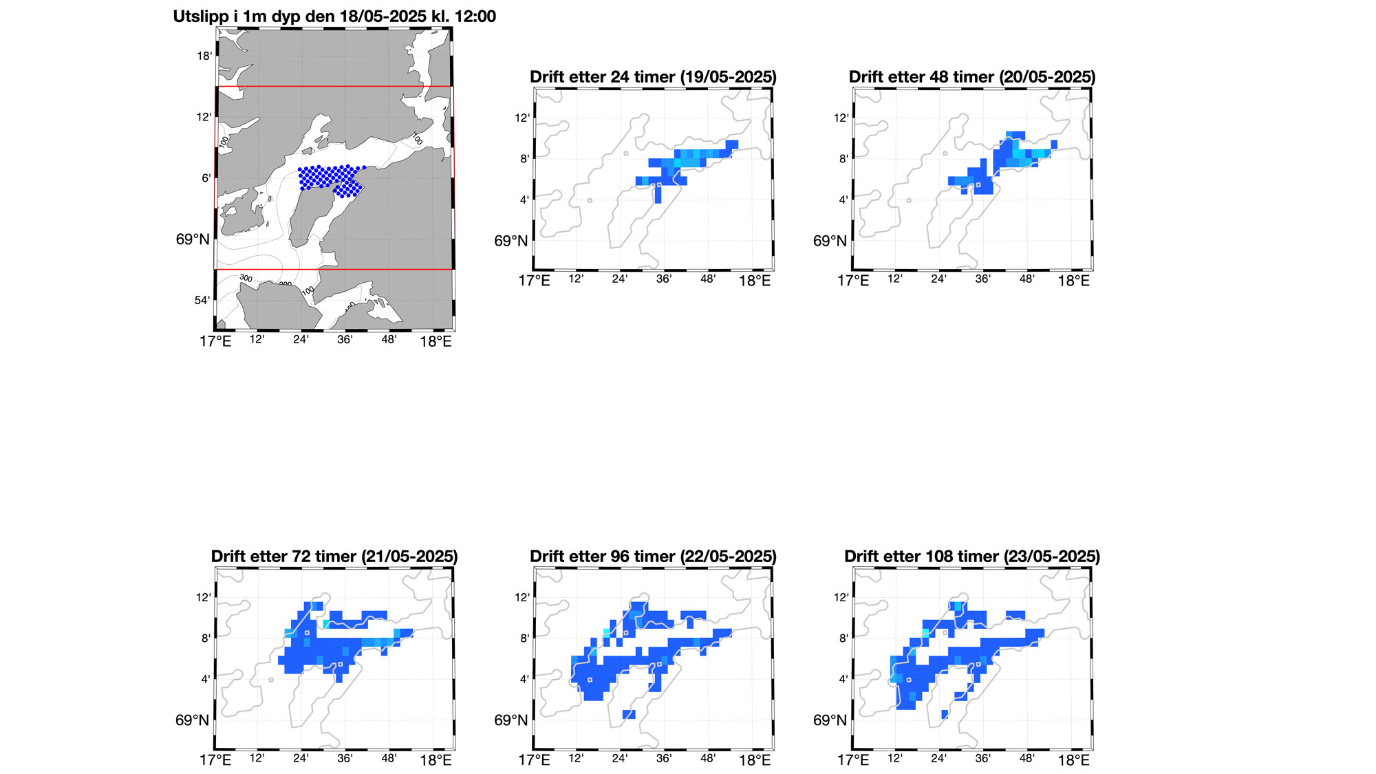 Seks kartutsnitt som viser hvordan algene kommer til å spre seg de kommende døgnene.