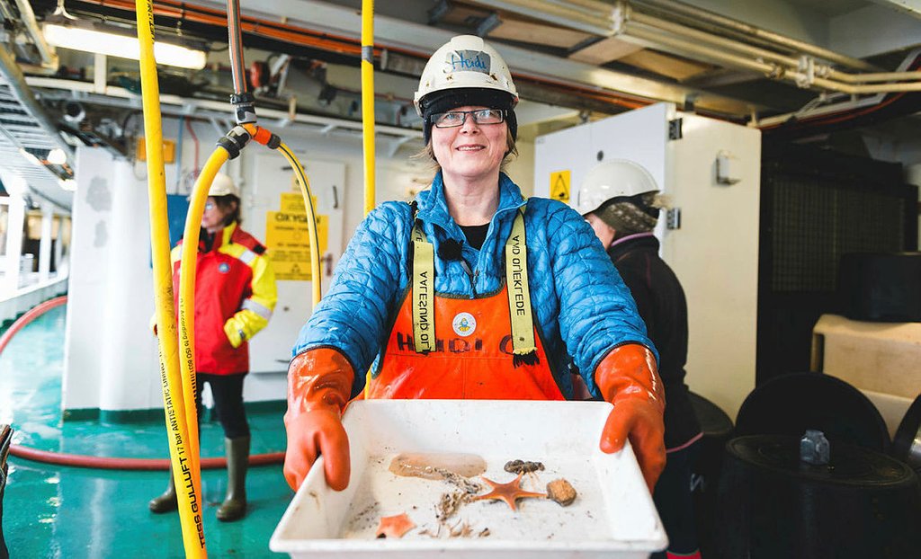 kvinne holder frem fat med bunndyr oppi, om bord på skip