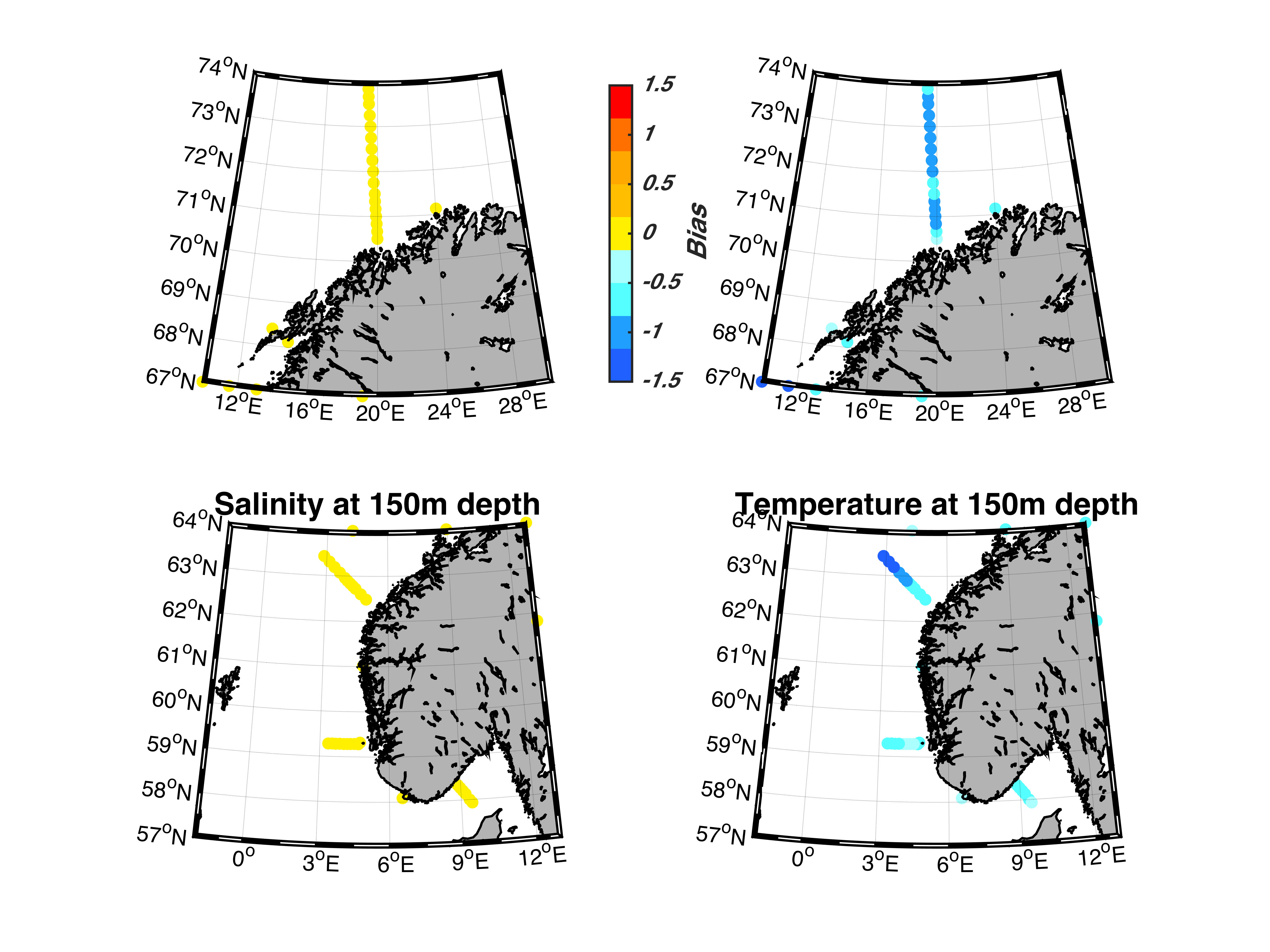 Kartfigurer med modellresultat for 150 meters dyp