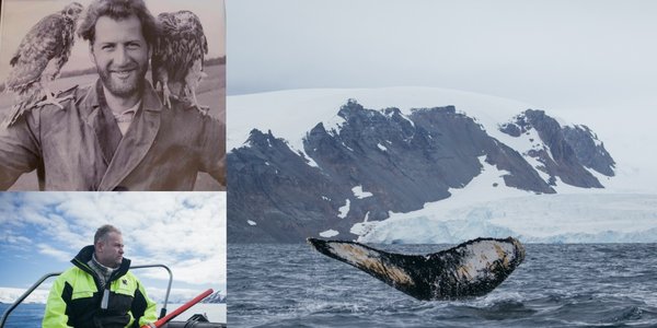 

tredelt bildemontasje. Et eldre foto av mann med en ørn på hver skulder. Et nyere foto av mann i båt med harpun. Et større foto av en hval-hale i bølgene med iskledde fjell i bakgrunnen. 