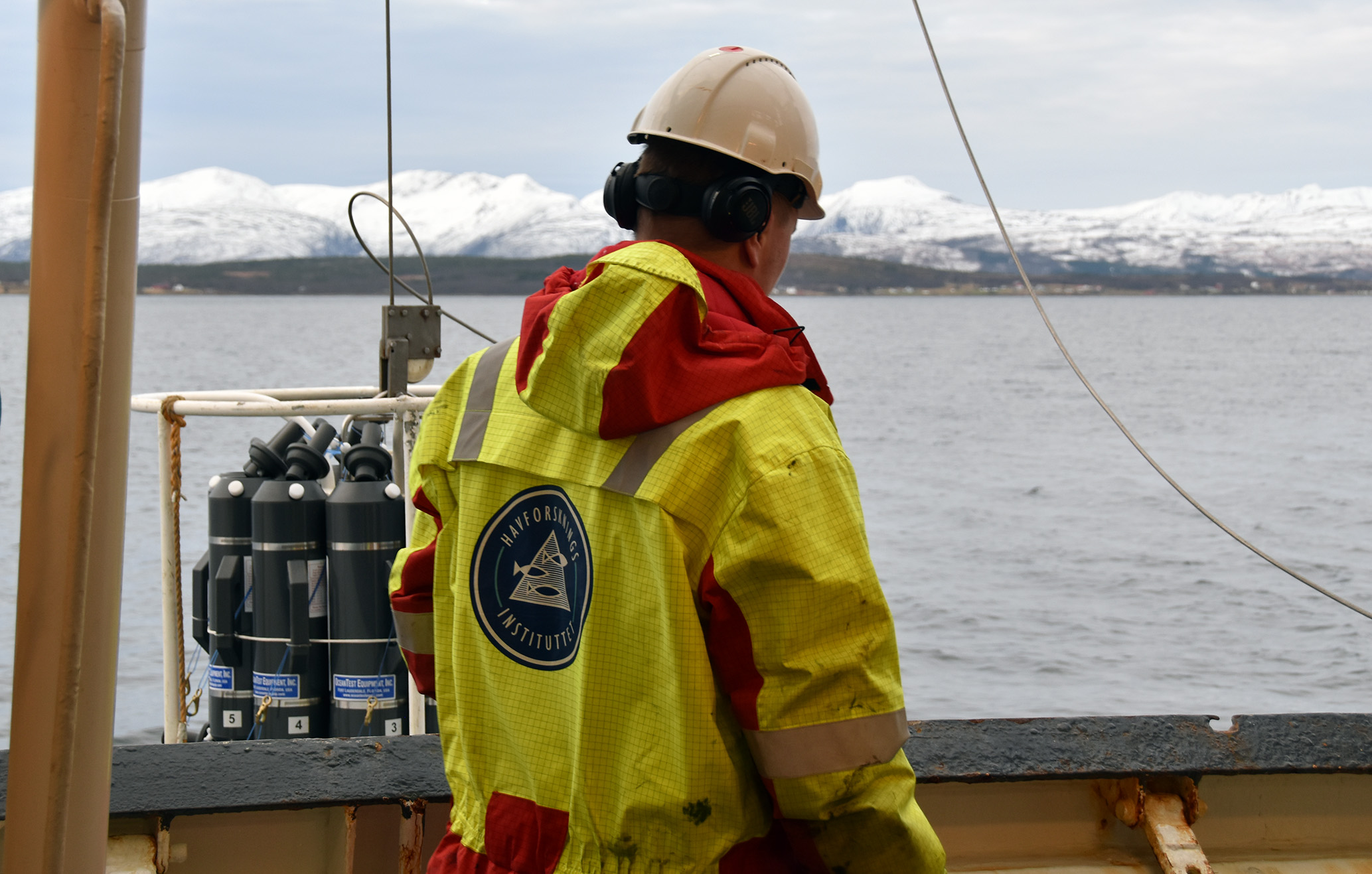 CTD på vei ned fra skipet, en av mannskapet står med ryggen til. 