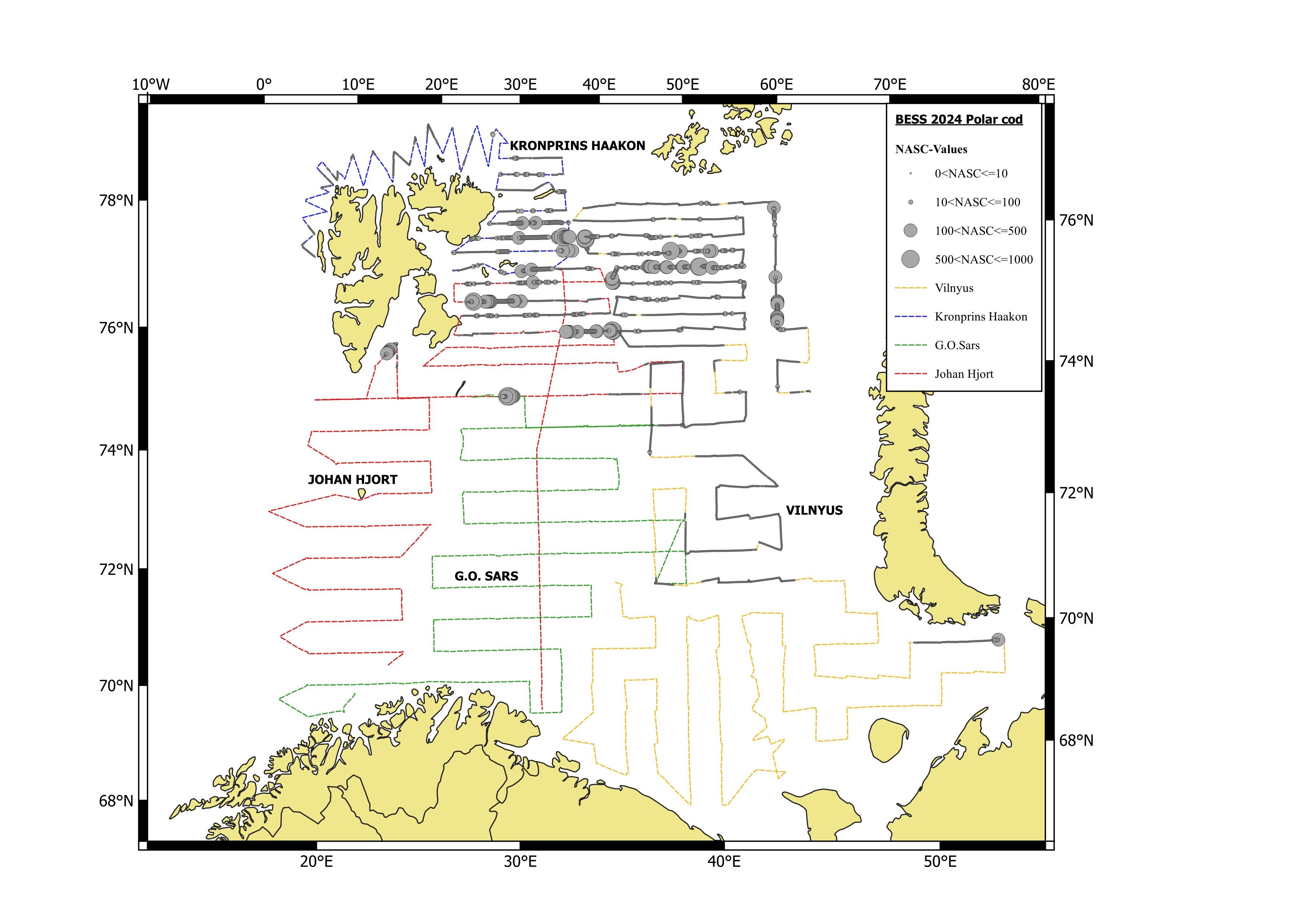 Figure 7.2.1.1 Geographical distribution of polar cod in autumn 2024 based on acoustic data. Circle sizes correspond to NASC values (m2/nmi2) per nautical mile.