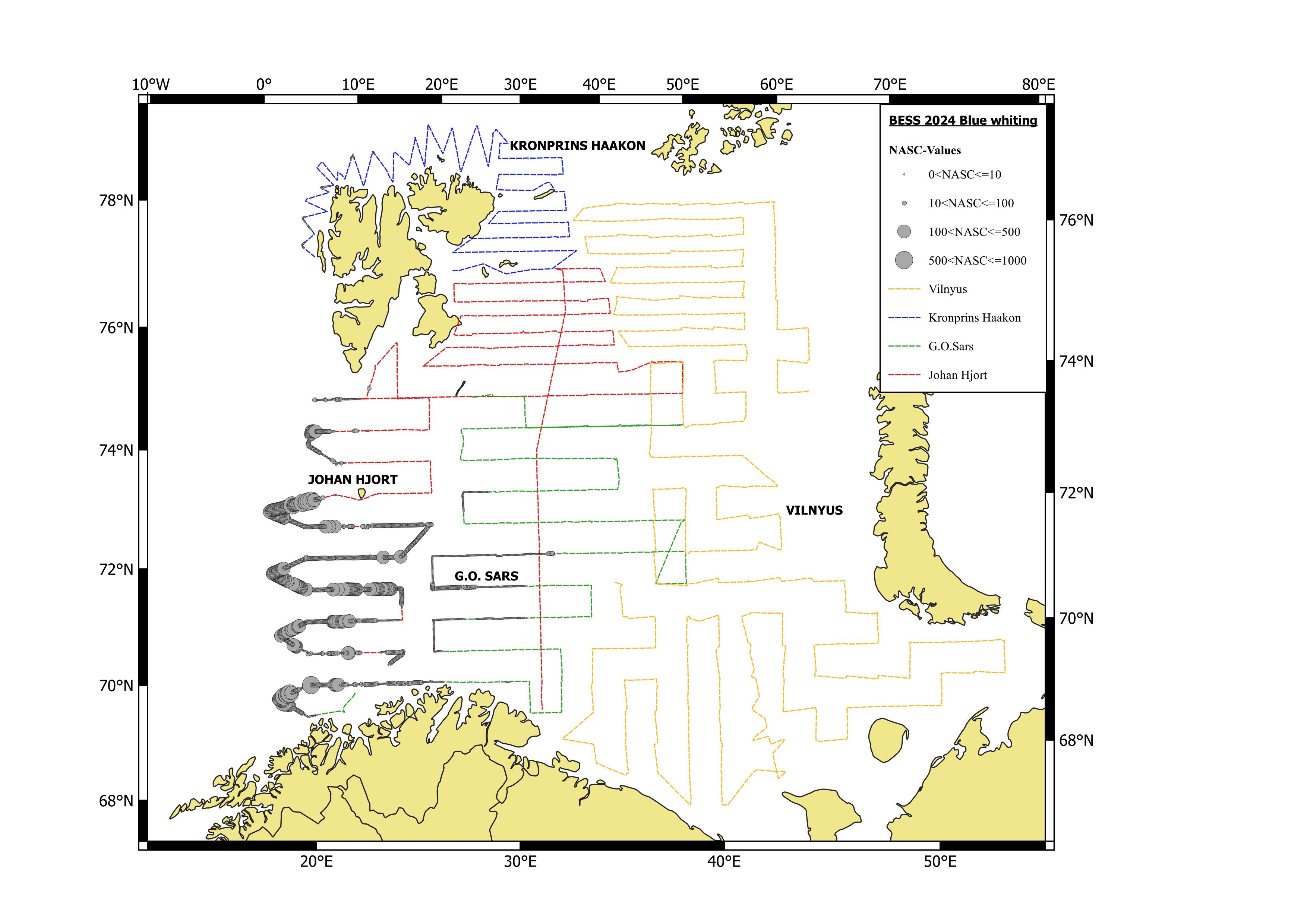 Figure 7.4.1.1. Geographical distribution of blue whiting in autumn 2024 based on acoustic recordings. Circle sizes correspond to NASC values (m2/nmi2) per nautical mile.