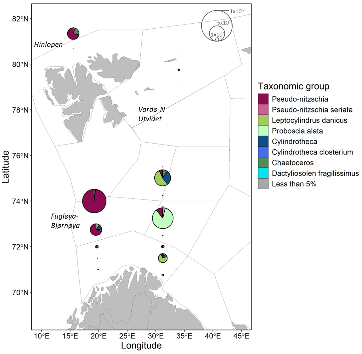 Figure 5.1.3. Map showing diatom community composition and abundance for samples collected August-October 2024. 