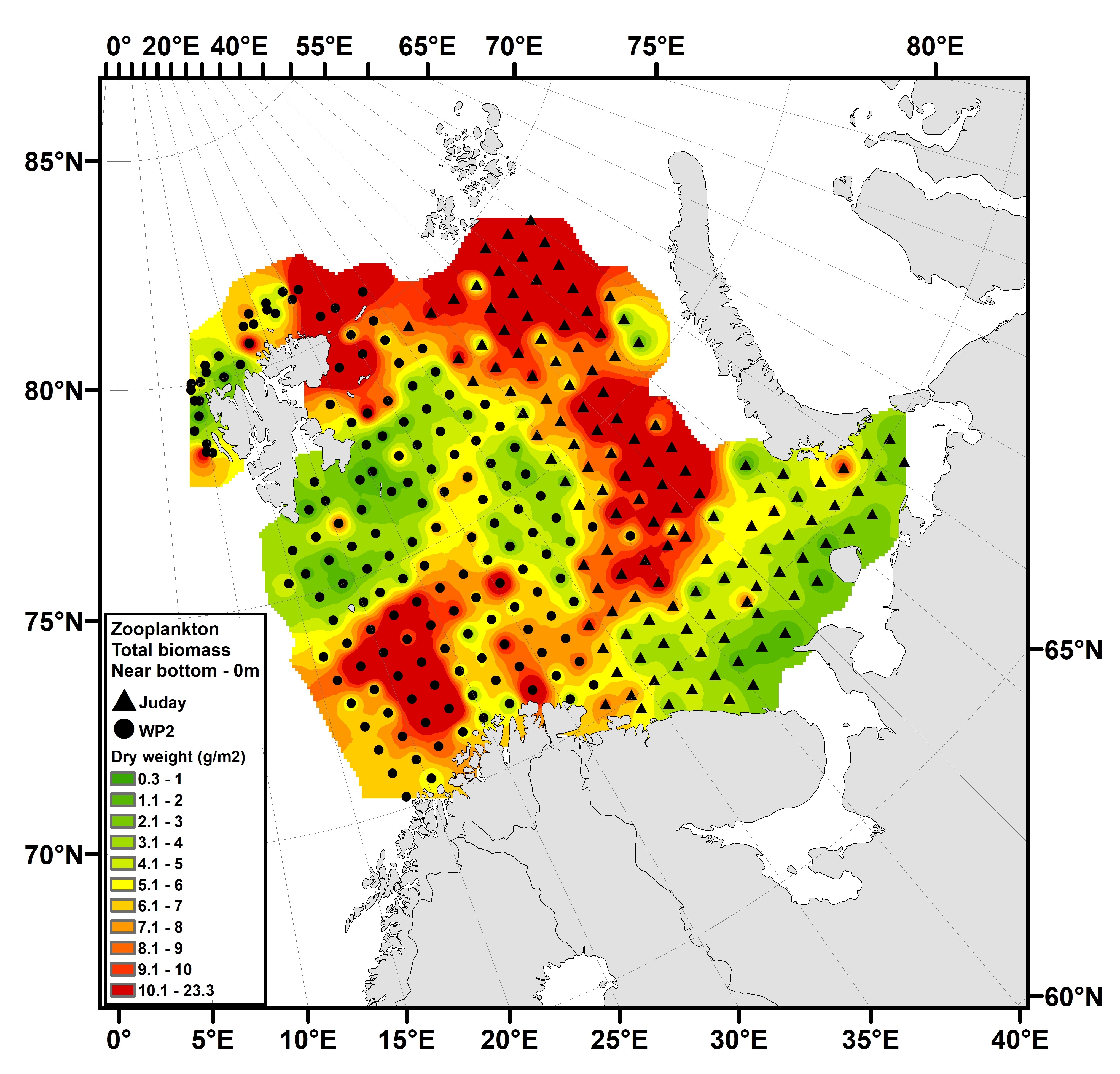 Figure 5.2.1. Distribution of total zooplankton biomass (g dry-weight m-2) from near-bottom to surface in the Barents Sea during BESS 2024 – based on a total of 293 stations. The data visualized were collected by WP2 and Juday nets with mesh-size 180 mm. Interpolation was made in ArcGIS v.10.8, module Spatial Analyst, using inverse distance weighting (IDW).