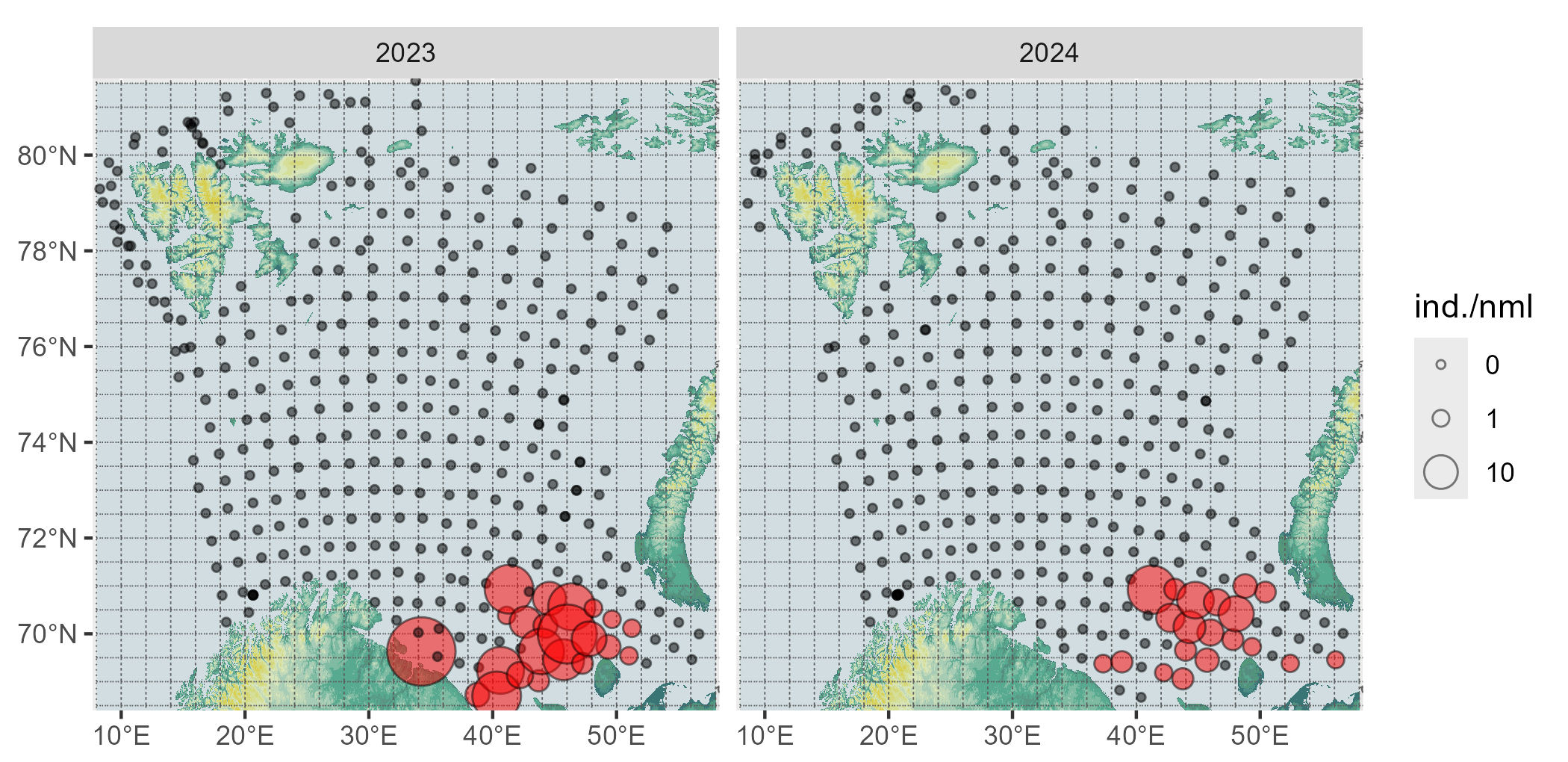 Figure 10.2.1 Distribution of the Red king crab (Paralithodes camtschaticus) in the Barents Sea in August-September in the two years 2023 and 2024