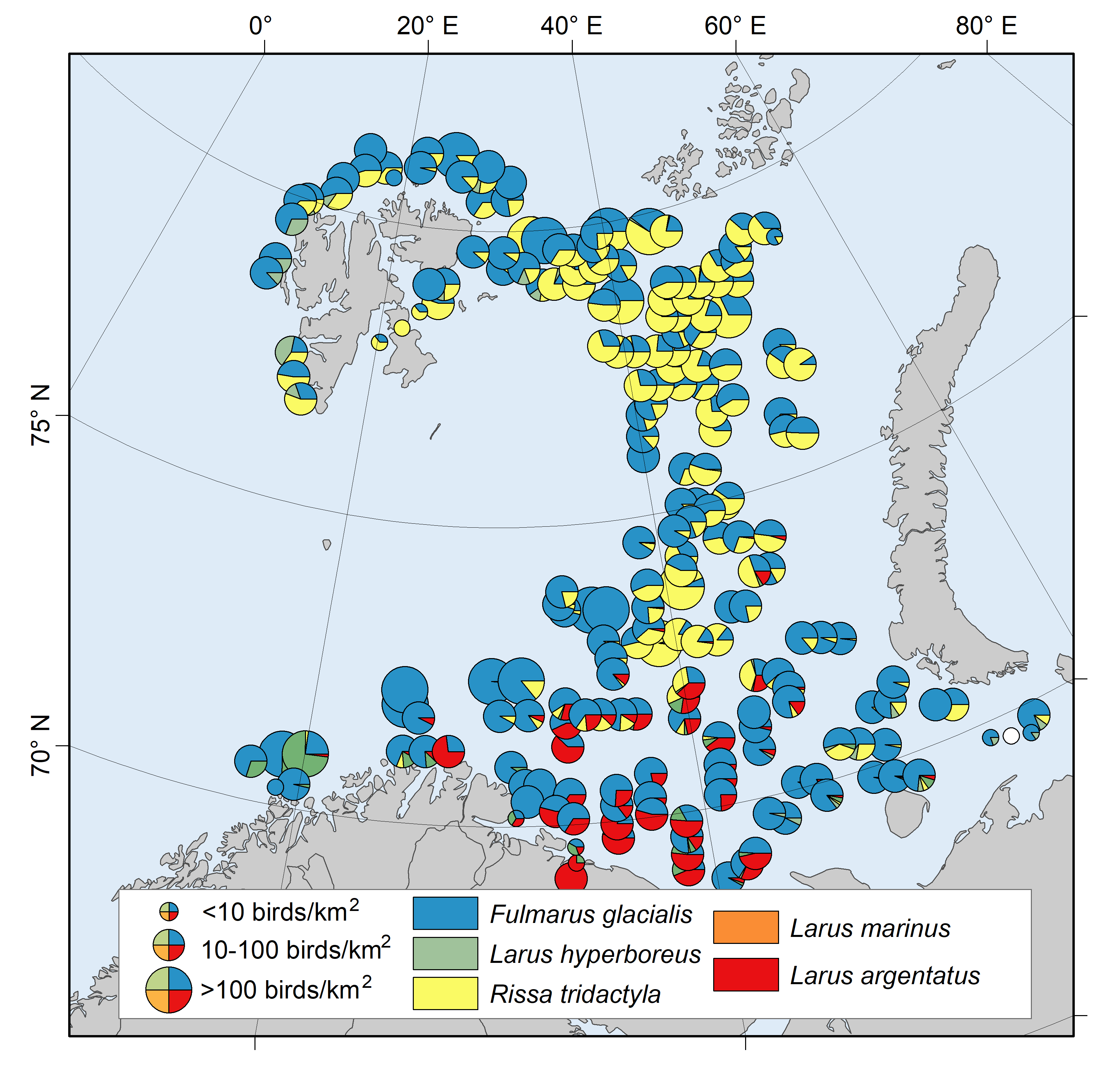 Figure 12.2.2 Density of the most common gull species and Northern fulmar along seabird transects in 2024. White-filled circles are zero density. 
