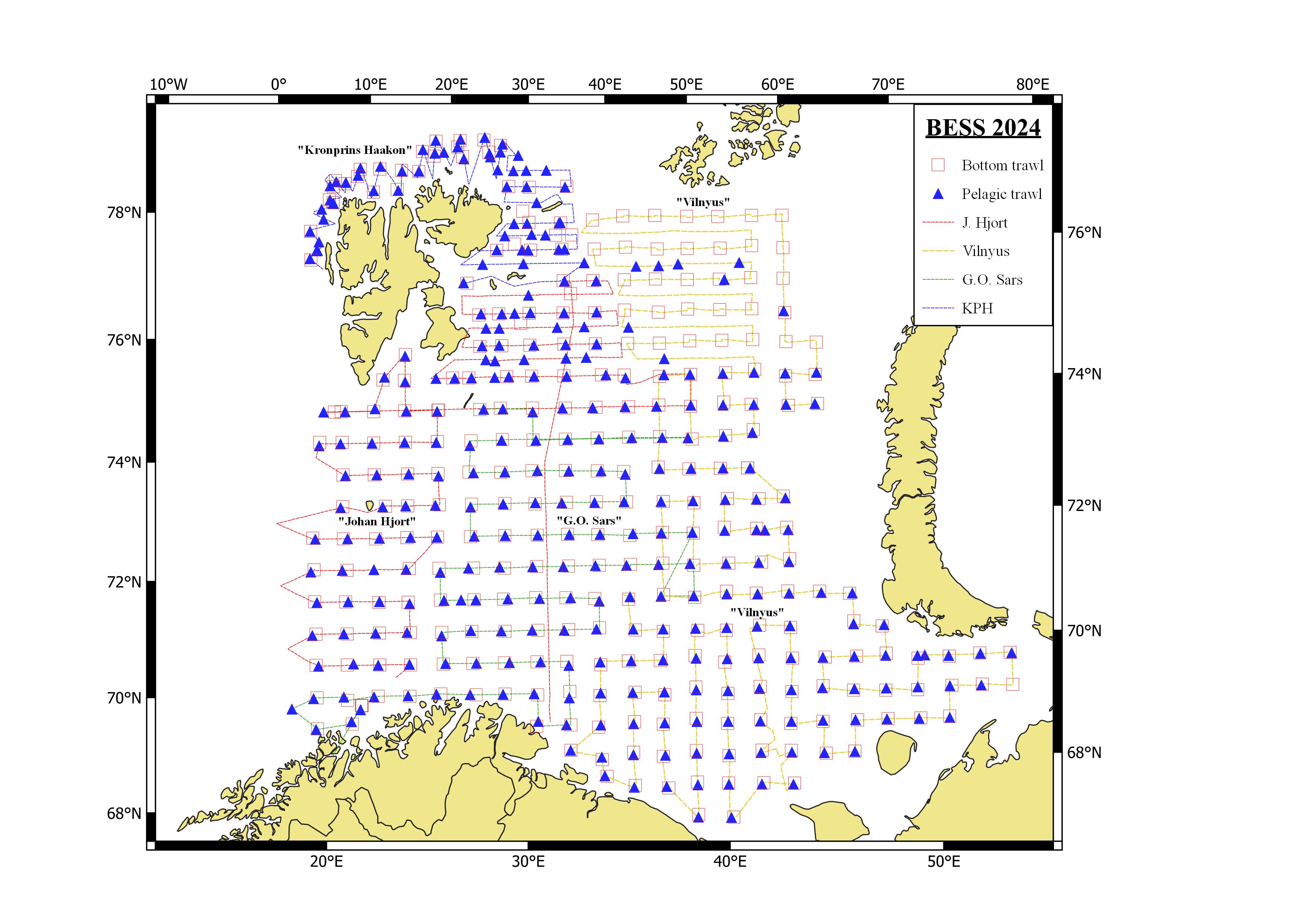 Figure 2.2 BESS 2024, realized vessel tracks with pelagic and bottom trawl sampling stations, note that some trawl stations are taken in addition to the regular ecosystem stations