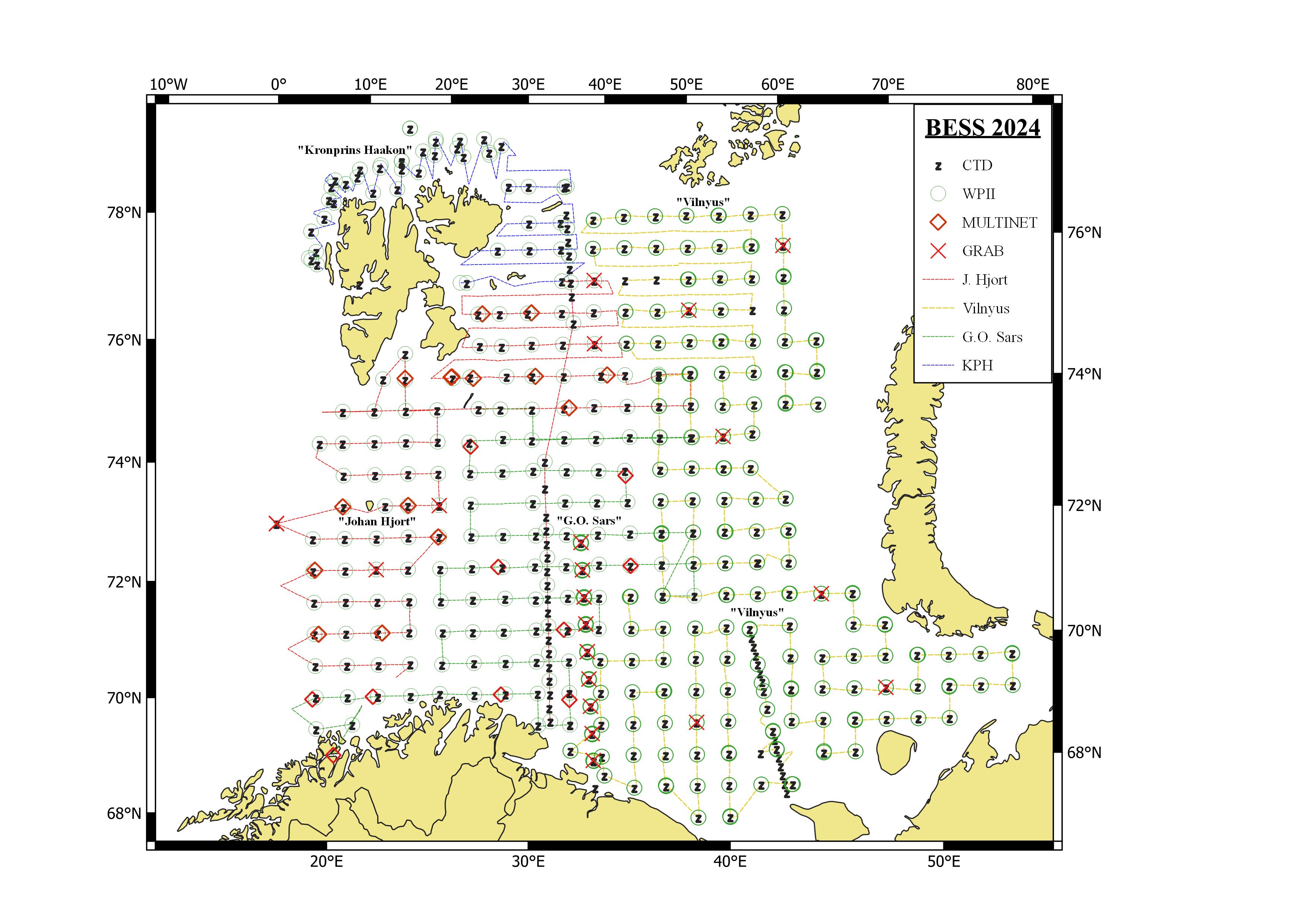 Figure 2.3 BESS 2024 realized vessel tracks with hydrography, plankton and other samples at ecosystem stations