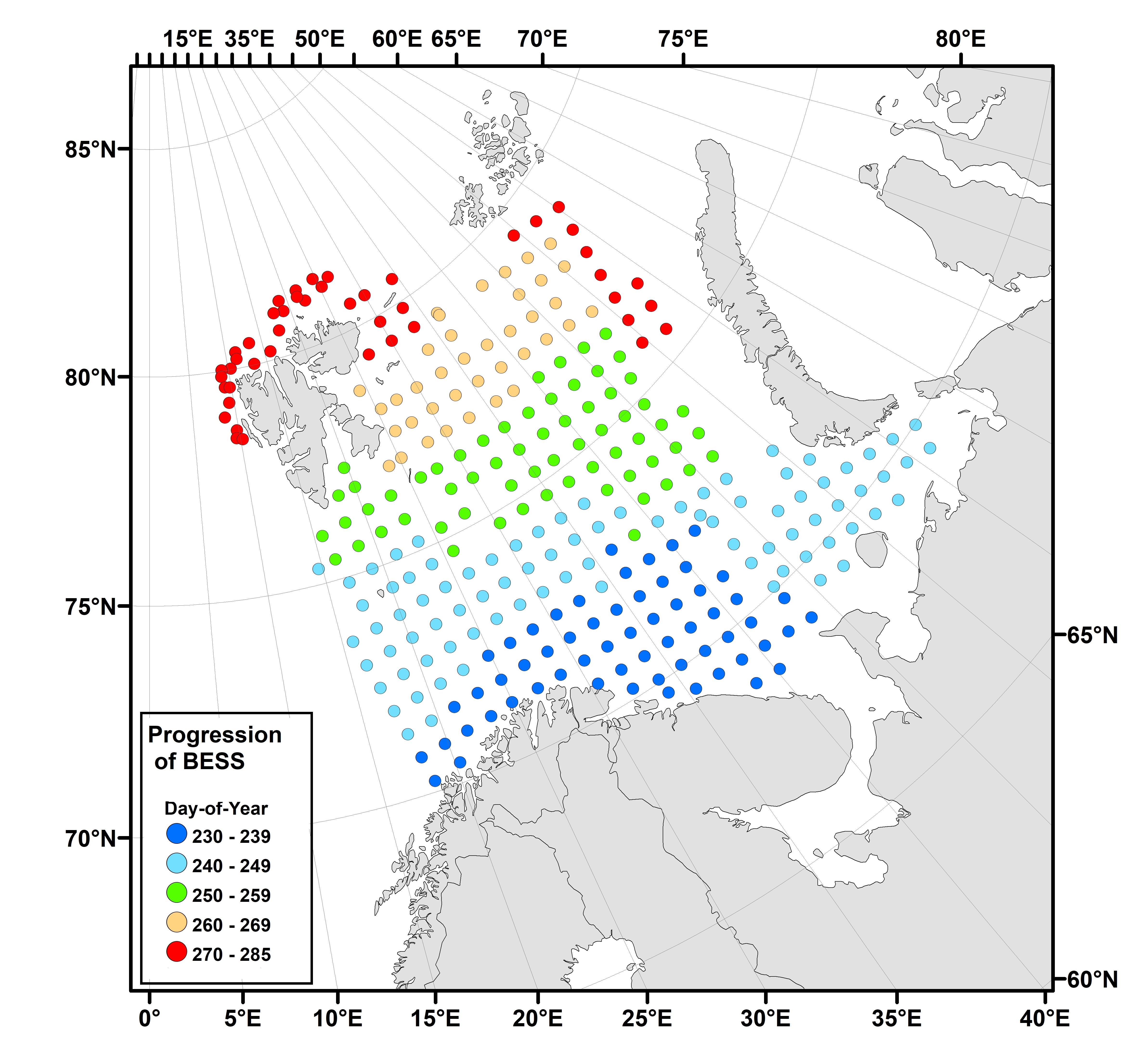 Figure 2.4 Progression of BESS 2024 in space and time. Points represent samples taken at ecosystem sta-tions during the survey. The point’s colour indicates the number of Julian days between the first and last day of the survey. The colours scale from blue (early in the survey) to red (late in the survey).